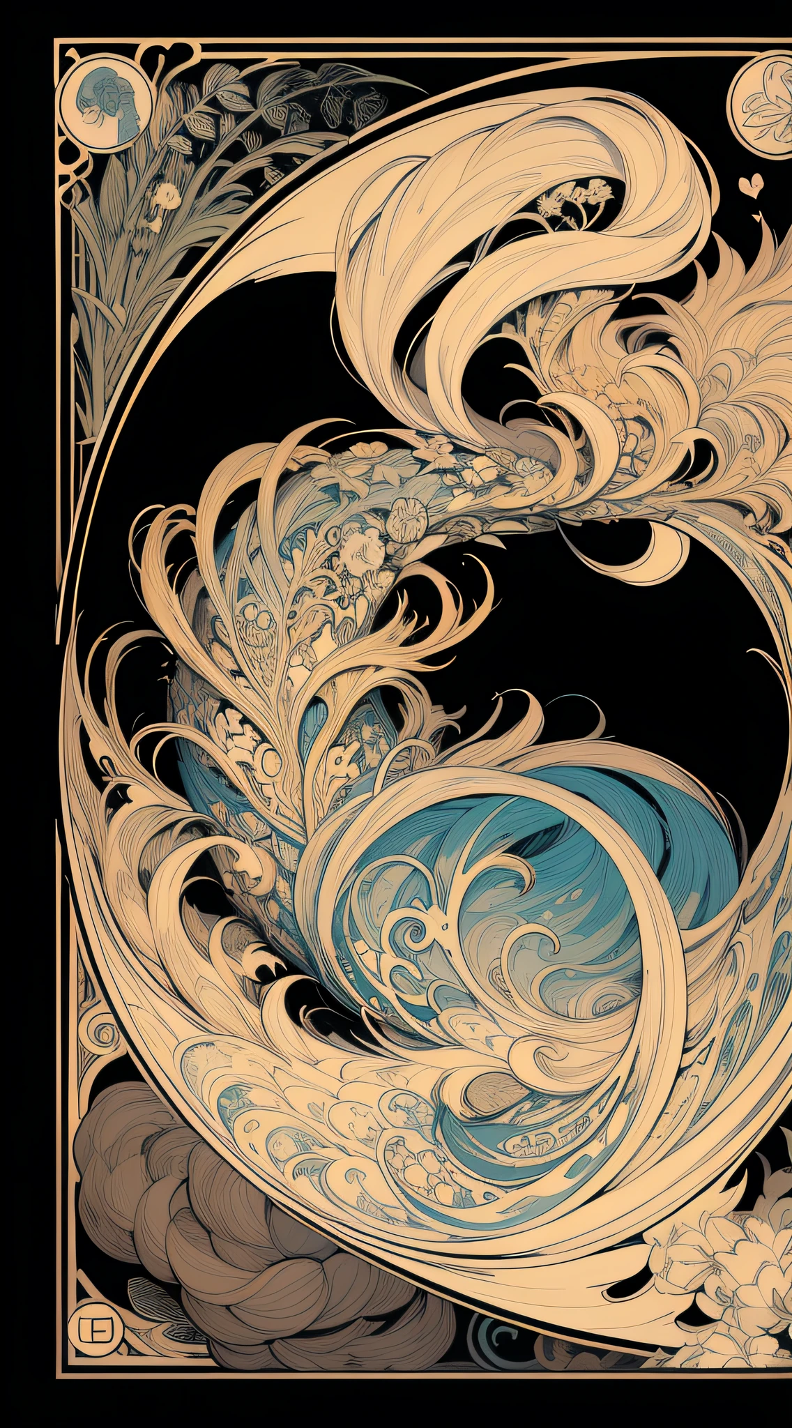 Genshin, light hair, tarot card art, black background, smoke background, line art, clean line art, Nature-themed coloring mandala, simple and clean line art, coloring book page, adorned in Art Nouveau style, Alfons Mucha, perfect intricate details, realistic.