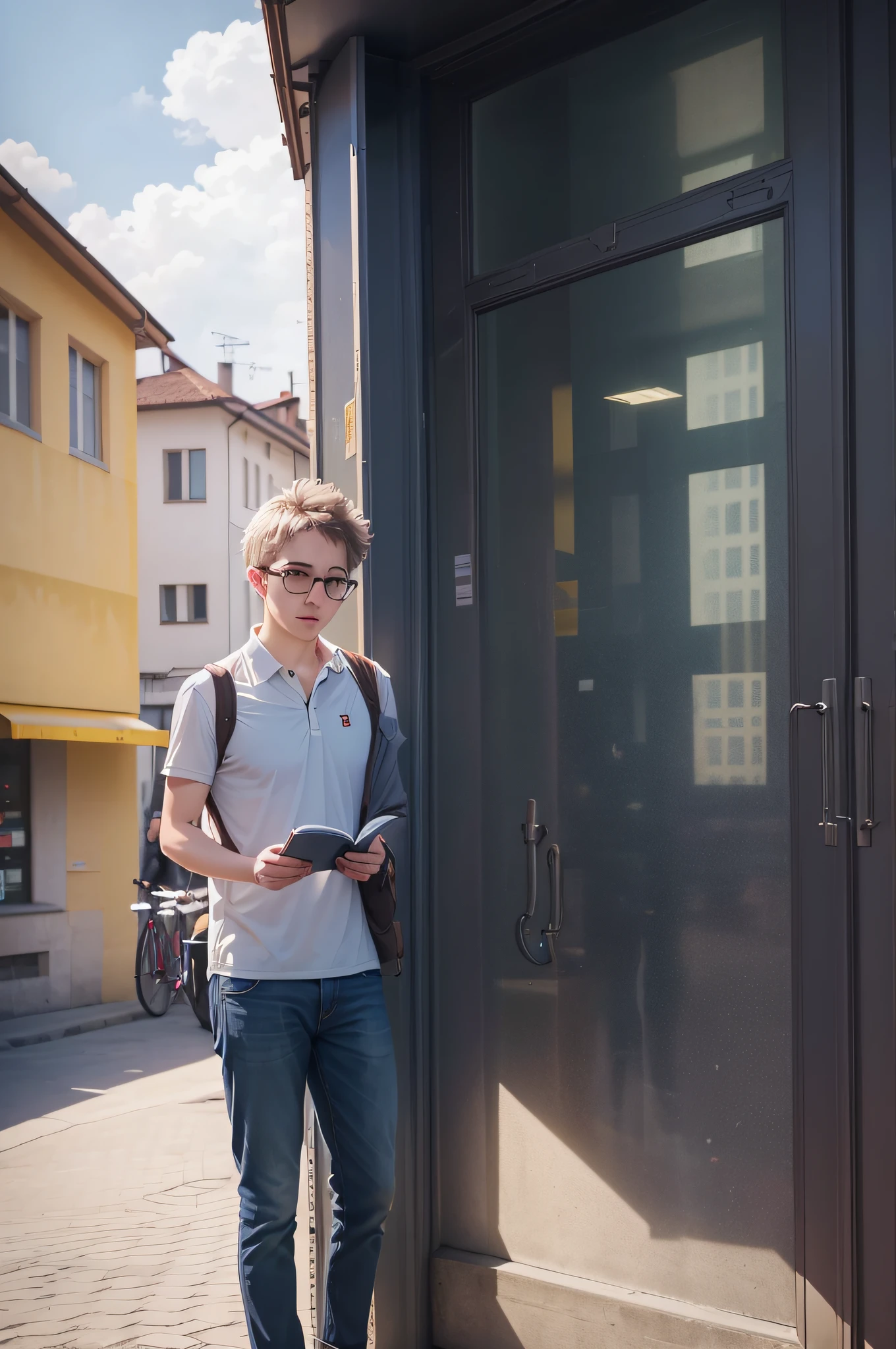 Prompt 2:
In the heart of Bern, NathanLeserman sits on a bench outside a modern Swiss school, engrossed in a book. The school's sleek architecture, with its glass facades and innovative designs, reflects the city's progressive nature. His summer outfit, a crisp white polo and beige chinos, complements the urban setting. A yellow glow effect emanates from the book, indicating its significance. Students pass by, some stopping to chat, while others hurry to their classes. The distant Alps provide a stunning backdrop, their snow-capped peaks contrasting with the city's hustle and bustle. As Nathan turns a page, a gentle breeze carries the scent of freshly baked pastries from a nearby café.