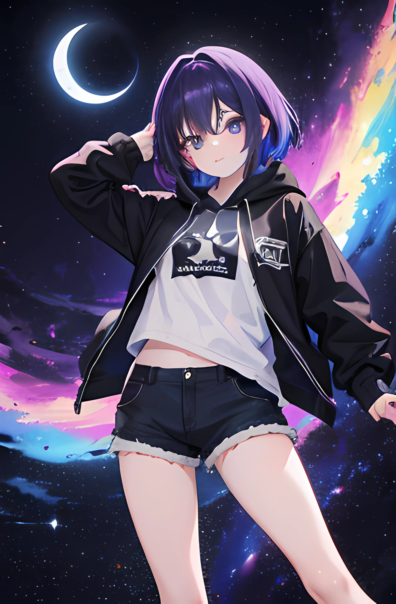 1girl, Pelo violeta largo con estrellas, ojos violeta con estrellas, con sudadera negra holgada, shorts holgados color negro, en el espacio con galaxias color morado, high resolusion, ultrasharp, 8k, Obra maestra, Mirando al espectador, enfoque a la cara, boca cerrada, epic pose, stars, black holes, luna de fondo