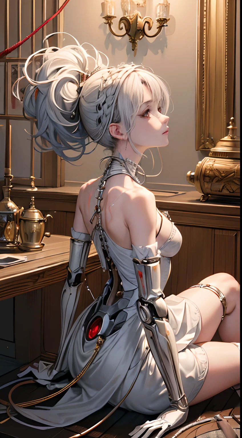 ((((masterpiece))), ((best quality))), ((ultra-detailed)), (CG illustration), ((an extremely delicate and beautiful)),(from side),cinematic light, ((1 mechanical girl)), single, full-body, (machine-made joint: 1.2), ( (mechanical limbs)), (blood vessels connected to tubes), (mechanical spine connected to back), ((mechanical cervical vertebrae attached to neck)), (sitting), forced laughter, (wires and cables around the neck: 1.2), (wires and cables on the head: 1.2) (character focus), sci-fi, extremely thin, colored, the finest white hair, red eyes, in battle, (knotted), (killing), (1 immortal)