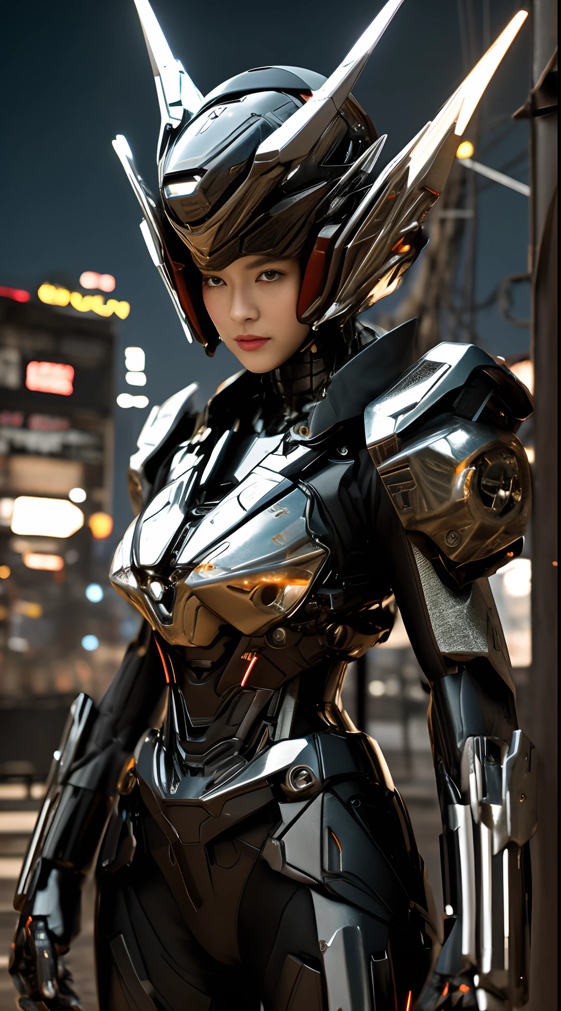 (Realistic: 1.2), masutepiece, Best Quality, ultra-detailliert, very detailed illustration, Very detailed, intricate detailes, High resolution, Super Intricate Details, extremely detailed 8k CG wallpaper, (neons: 1.2),1girl in, (Full metal body,Fiber optic body: 1.2), (Realistic metallic glow), cowboy lens, cowboy shot,Random posture,dynamicposes,dynamic ungle,Caustics, Reflectors, Ray tracing, Devil theme, Silver and red body,Red body,Kamen Rider,Gundam,nebulas, Dark halo, Network Effects, (1 girl: 1.4), Solo, Mechawood Sumui, Mechanical parts, Single robot arm, Head dress, Mechanical halo, Star Halo, Complex mechanical tights, mecha corset, Kimono, fully armoured, ((Holding a large gun in your hand)),Red Eyes, Glowing eyes, Eye Track, Random expressions, Random movement, ancient japanese architecture, Ponds, Starry sky, sky line, (( Colossal tits:1.7 , low cut,Accentuated cleavage,perfectly proportions,Sensual female body,Overhanging udder)),城市,nighttime scene,natta,glowing sword in hand、With a big gun,cloaks