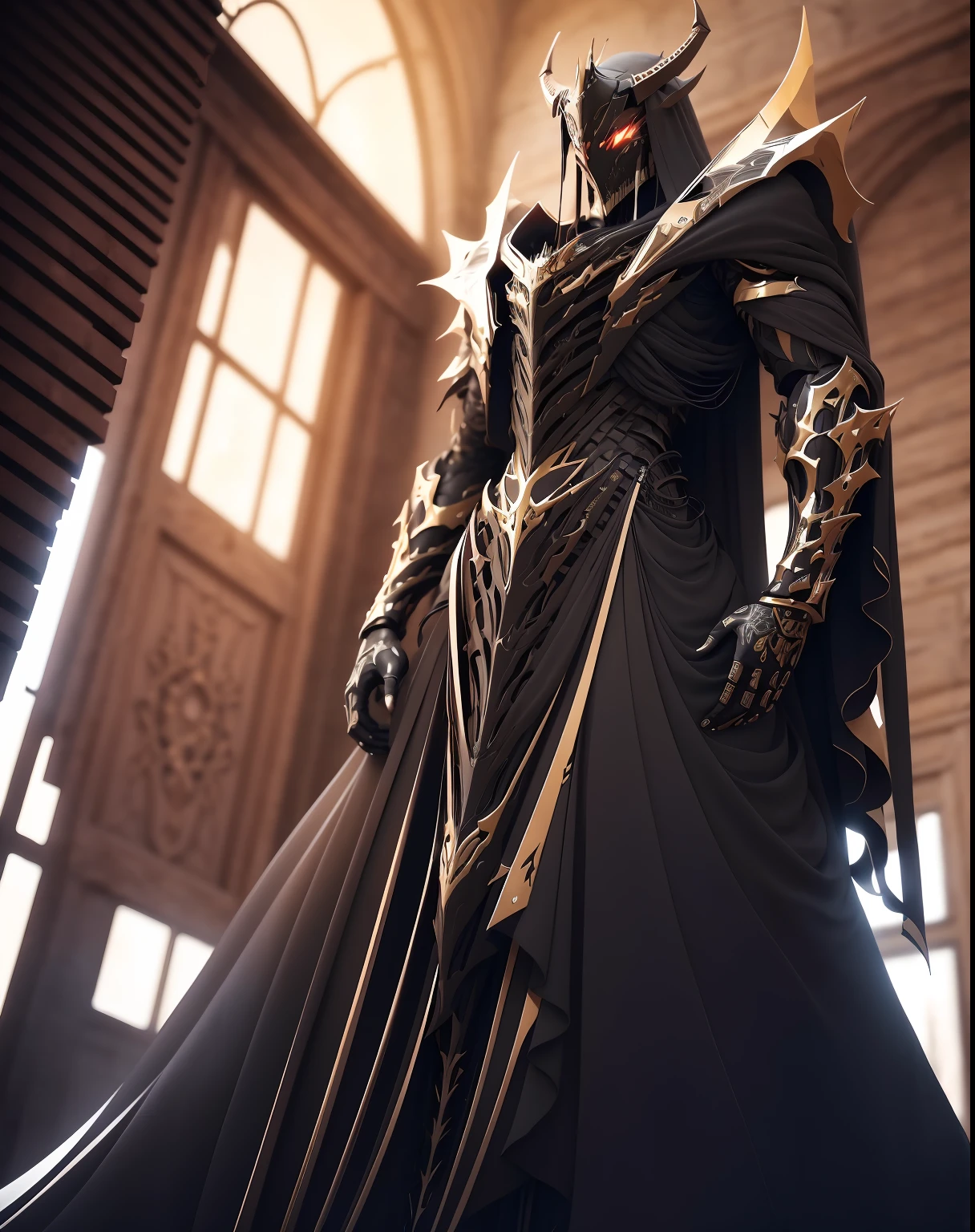 arafed knight standing in a dark room with a sword, burnt armor, black fire color reflected armor, steampunk bioarmor, redwood forest themed armor, demonic dragon inspired armor, corrupted armor, gothic armor, black and reddish color armor, cyberpunk flame suit, prince crown of black gears, zombie cyborg, demonic! compedium!, black leather armour, black gears, fire sword
