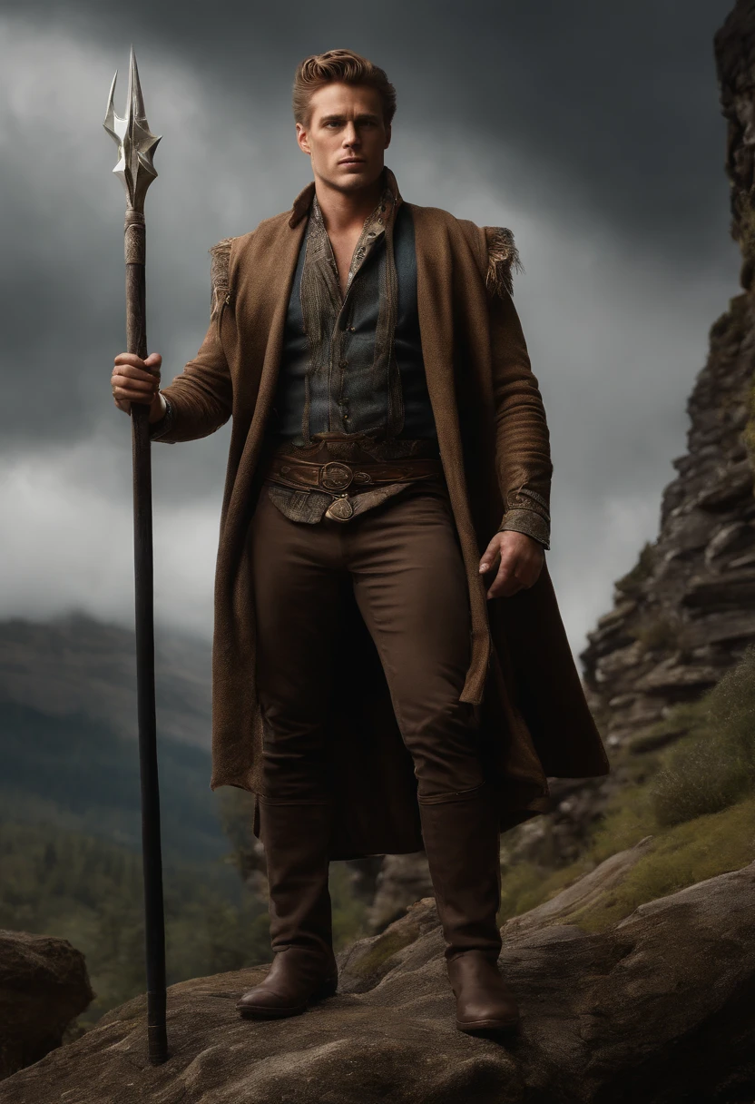 a painting of a man, James Dean Style ((sexy men)) , ((muscular body,strong,shapely and muscular legs)), ((large and strong breasts)), ((sorcerer)), ((magician))with an open book and lights coming out of the book, holding a staff, (((full body shot)), full body man, ((in the background Celtic magical forest with thunder)), Frank Kelly Freas, Karol Bak style, best quality,32k ultra quality, parade paper quality, movie picture, Classic 8K