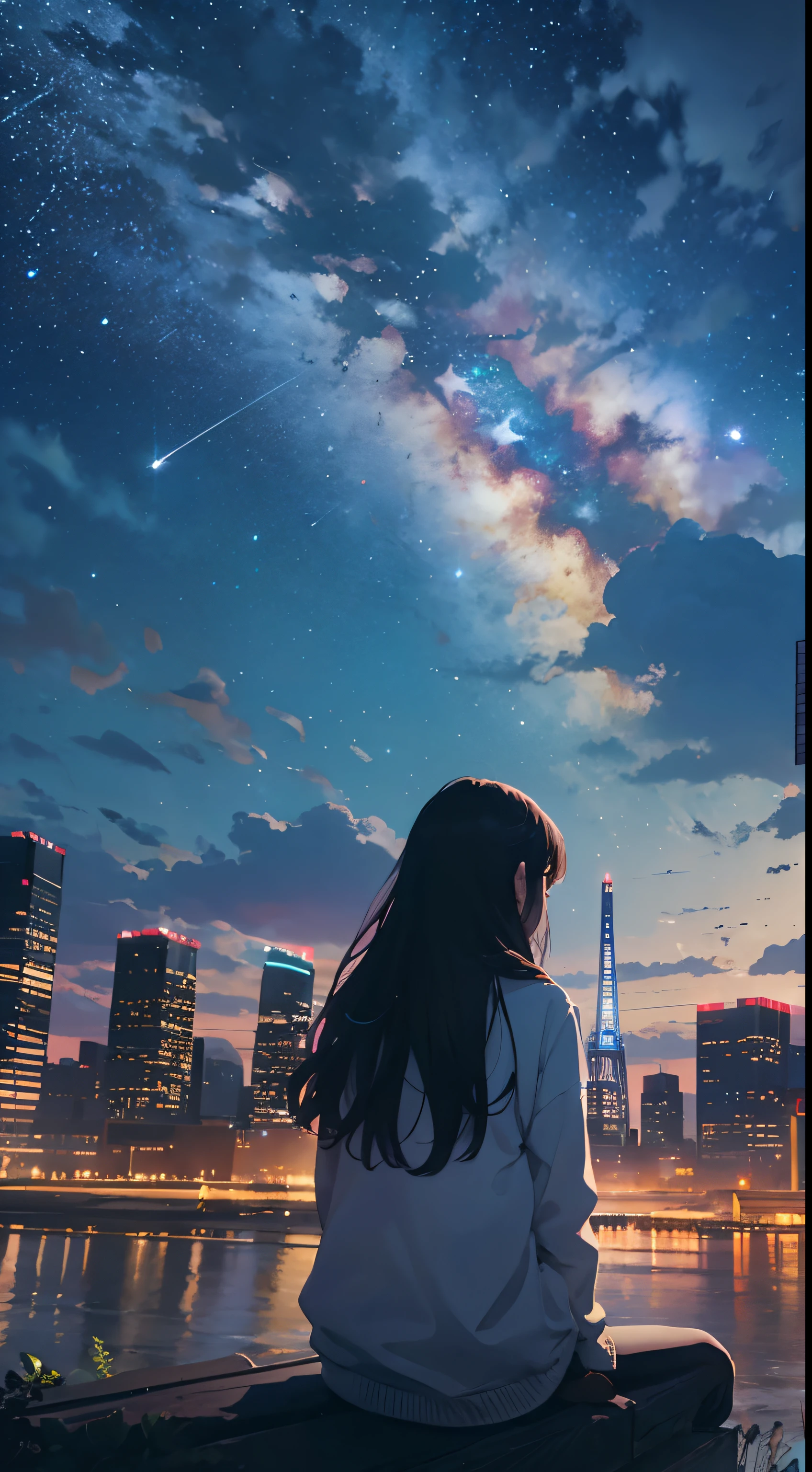 octans, sky, star (sky), scenery, starry sky, night, 1girl, night sky, solo, outdoors, building, cloud, milky way, sitting, tree, long hair, city, silhouette, cityscape