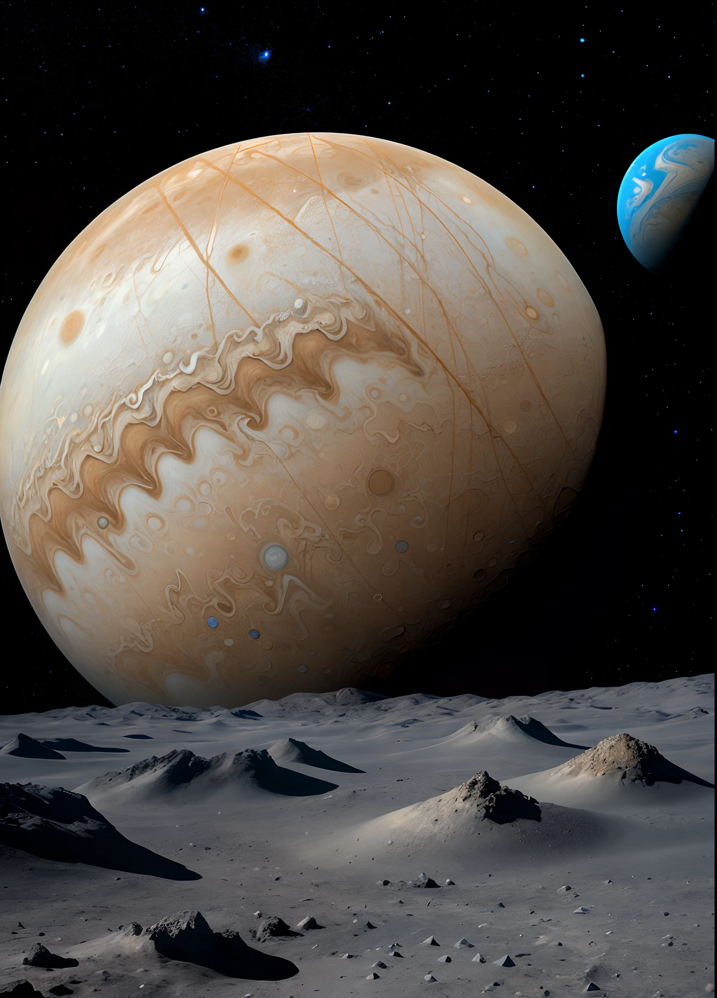 「​masterpiece」, Best Quality, 8K, detaileds, Ultra-detailed. Landing on Jupiter's moon Europa。Take photos of Jupiter with a DSLR camera.It's a breathtaking view. Humans don't appear in the image because they're taking pictures。SLRs and tripods also do not appear in the image。The ground of Europa is partially visible。