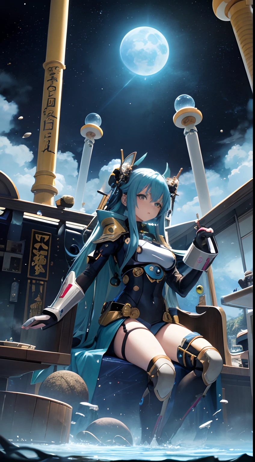 masamune shirow, Japanese Anime, Surreal Mysterious Weird Fantastic Sci-fi Fantasy Fantasy Sinking Jupiter, a Girl, Space Observatory, Undersea Sundial, hyperdetailed high resolution high definition high quality masterpiece