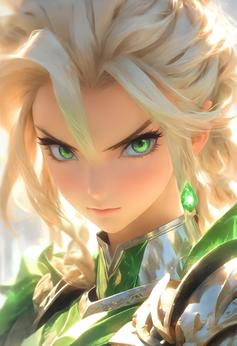 (8K,Best quality,style of anime),Ancient European realistic style armor,Silver-haired female knight,Green emerald pupils,High ponytail,Wearing silver-white armor,Delicate facial features,The drawing style is similar to that of characters in anime,Boots,Gaiters,with a pure white background,Character design,quadratic element,Include a small amount of introductory text,Three views of people