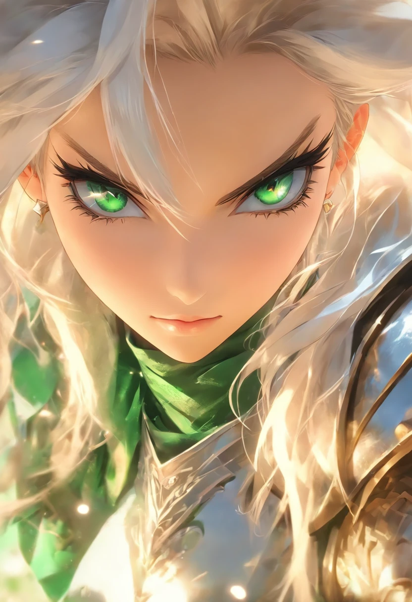 (8K,Best quality,style of anime),Ancient European realistic style armor,Silver-haired female knight,Green emerald pupils,High ponytail,Wearing silver-white armor,Delicate facial features,The drawing style is similar to that of characters in anime,Boots,Gaiters,with a pure white background,Character design,quadratic element,Include a small amount of introductory text,Three views of people