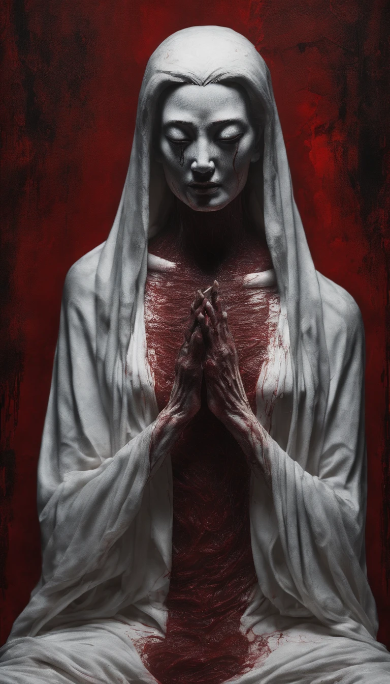 Blood red room, Flashing white TV screen, BUDDHA STATUE, cabelos preto e longos, with hair dishevelled, Cover one eye and face, Bright red eyes, Wearing a white transparent robe, Looming full breasts,liquor,Devil, reaching out her hands,Straighten your body, Red nails are exposed, Pinch the camera, hyper HD, Anatomically correct, Textured skin, Super detail, High details, High quality, A high resolution, 8K, hyper HD, Anatomically correct, Textured skin, Super detail, High details, High quality, Best quality, 8K,Leishnampo,Room 2,Horror