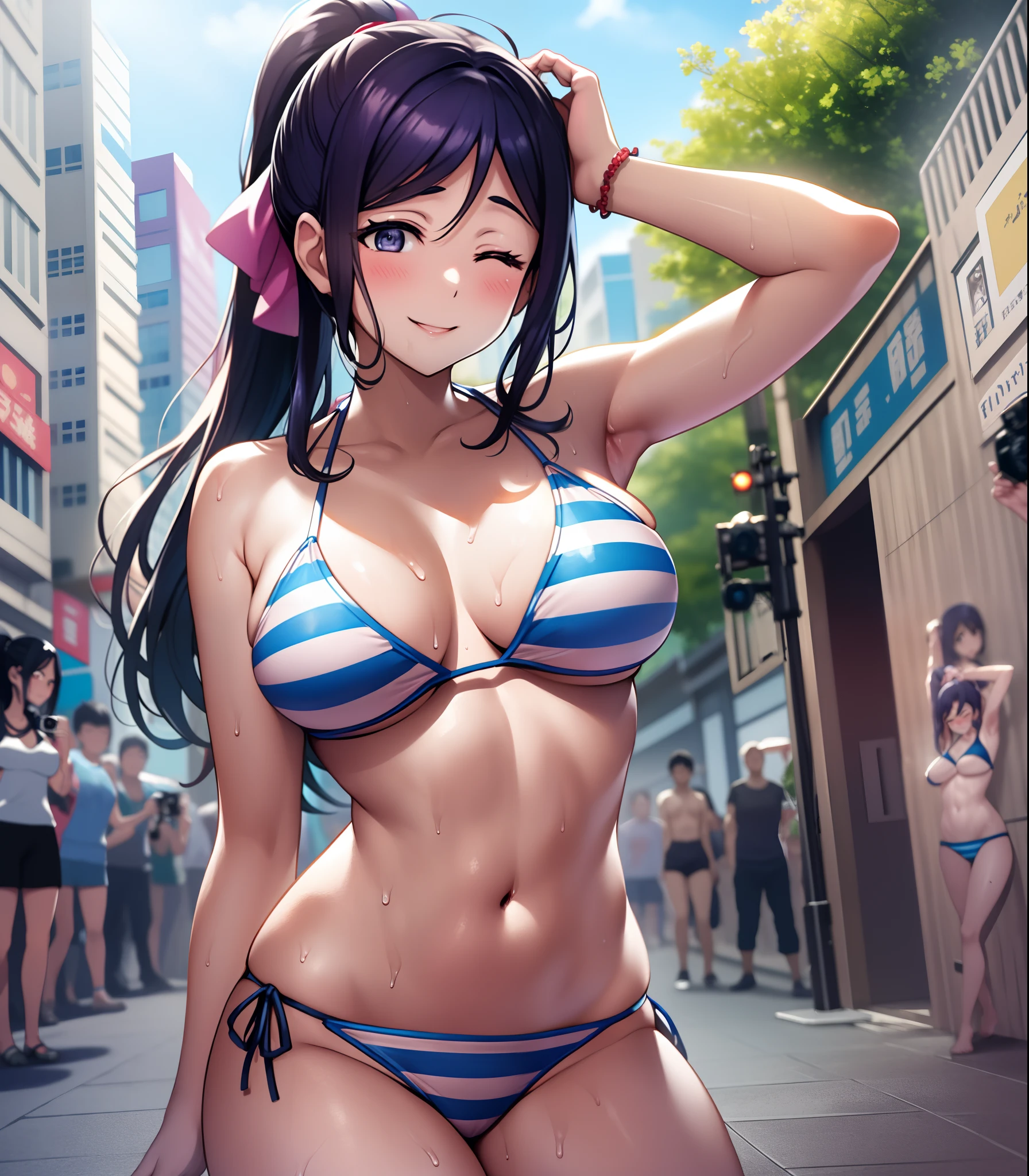 matsuura kanan, by hentai artist, smile,one eye closed, toned stomach , seductive anime girl, public ,photographer ,foreground  ,camera, posing for picture, flash light, sexy pose,sweaty,striped bikini, big breasts, solo, exposed armpit, ponytail, standing