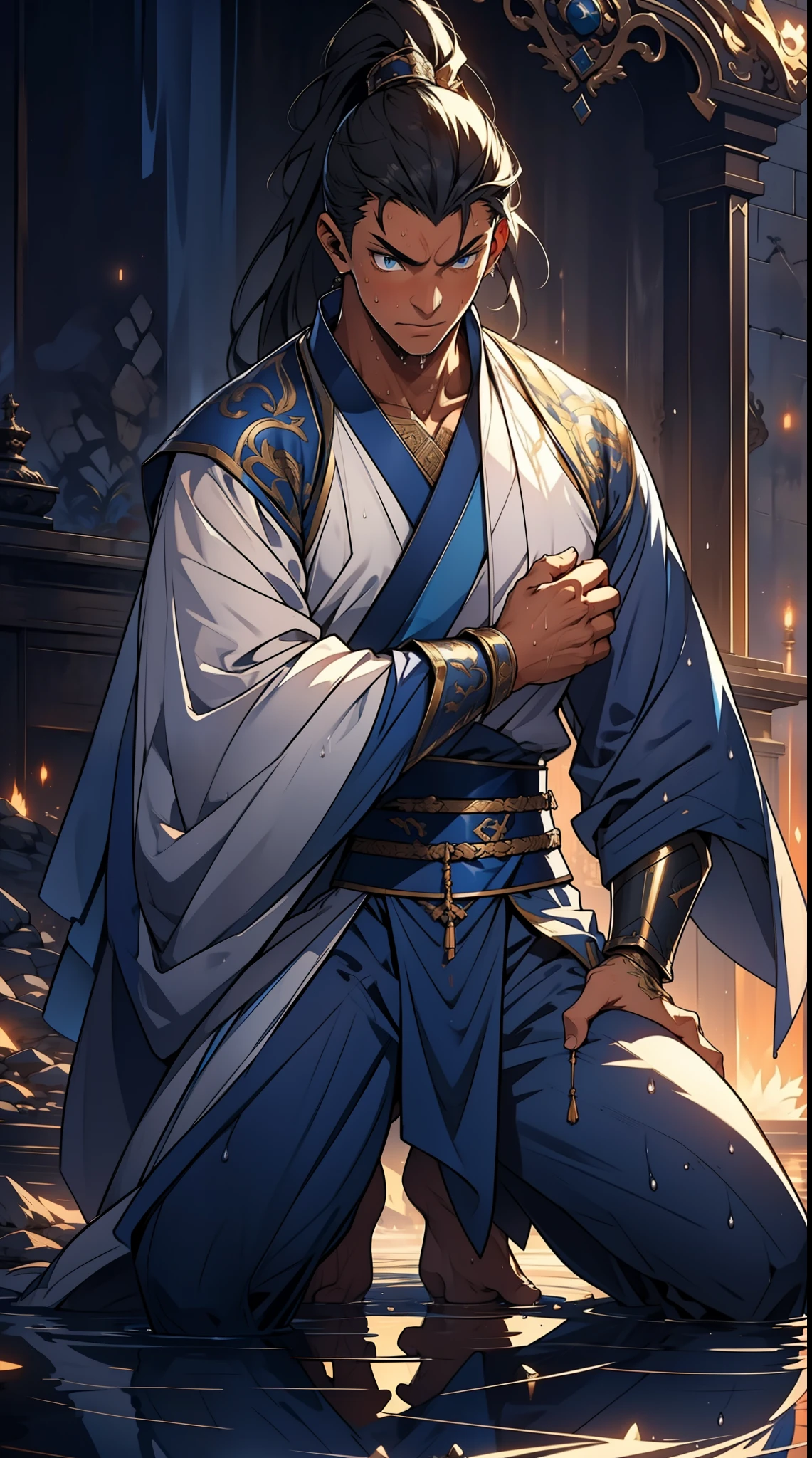 quadratic element,style of anime,mtu(Male Warrior),The proportions are correct,Face details,swordsmen,High ponytail hairstyle,Neck details,There is an Adam's apple,Blue suit,kaftan,long blue robes,clothes details,Handing over,longer sleeves,Game quality,Swordsmanship,Light and shadow tracking,Ray traching,detailed glow,cg render,hair detail,Black long hair,blue colored eyes,Handsome,Handsome,(juvenile sense),Clothing is complicated,Perfectcomposition,Refinement,high qulity,higher details,Lots of details,The background is complex,a sense of atmosphere, 1 man,is shy,Pee on the legs,pissing,Urine runs down the thighs,embarressed,exhilarated,is shocked,panicking,worry,A small puddle of their own urine forms around the feet,full bodyesbian,kneels on the ground,Very eager to pee,It's uncomfortable,Wet yourself,Urine discharge, Sweaty crotch,Drenched,