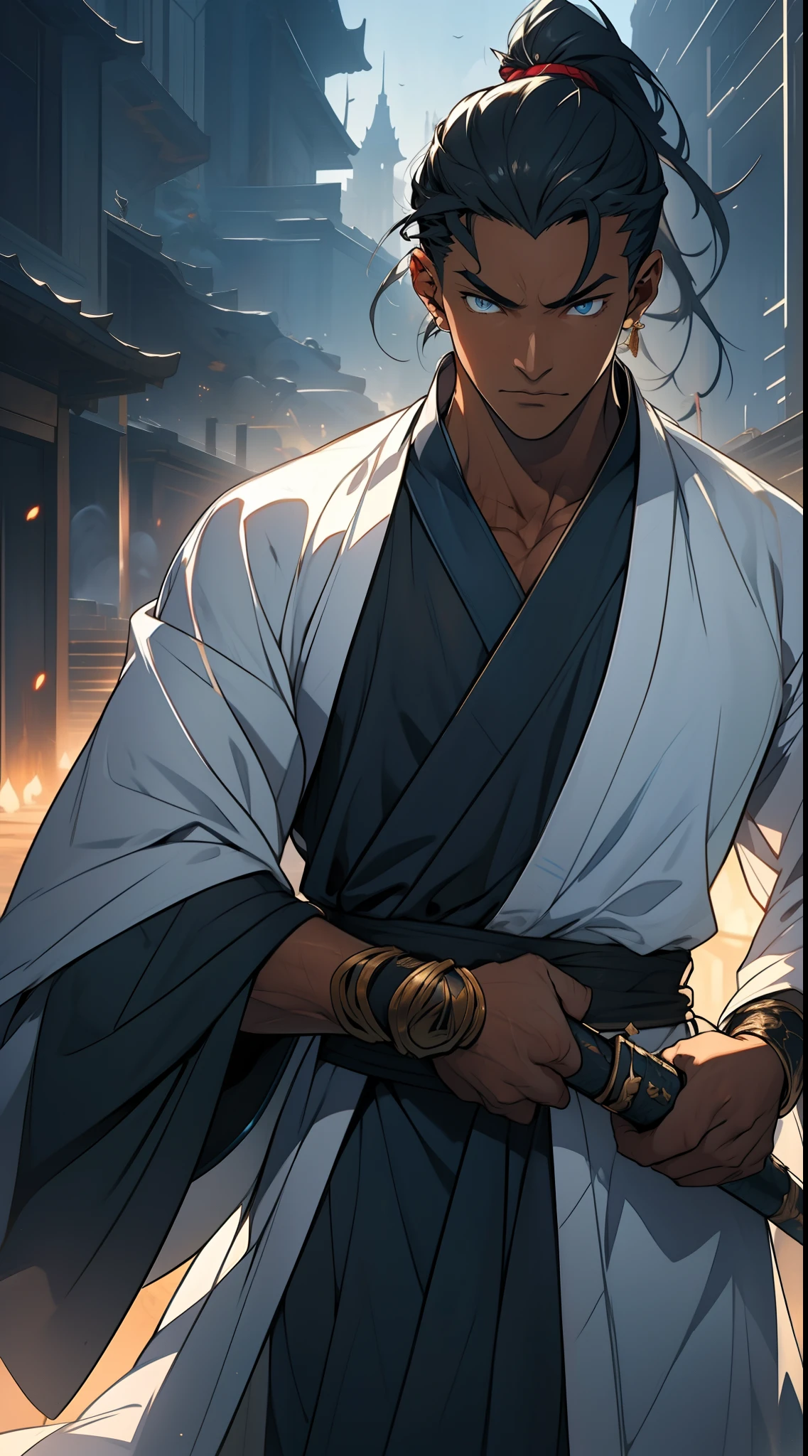 quadratic element，style of anime，mtu（Male Warrior），The proportions are correct，Face details，swordsmen，High ponytail hairstyle，Neck details，There is an Adam's apple，White robe，kaftan，long white robe，clothes details，Handing over，longer sleeves，Game quality，Swordsmanship，Light and shadow tracking，Ray traching，detailed glow，cg render，hair detail，cabelos preto e longos，blue colored eyes，Handsome，Handsome，（juvenile sense），Clothing is complicated，Perfectcomposition，Refinement，high qulity，higher details，Lots of details，The background is complex，a sense of atmosphere，