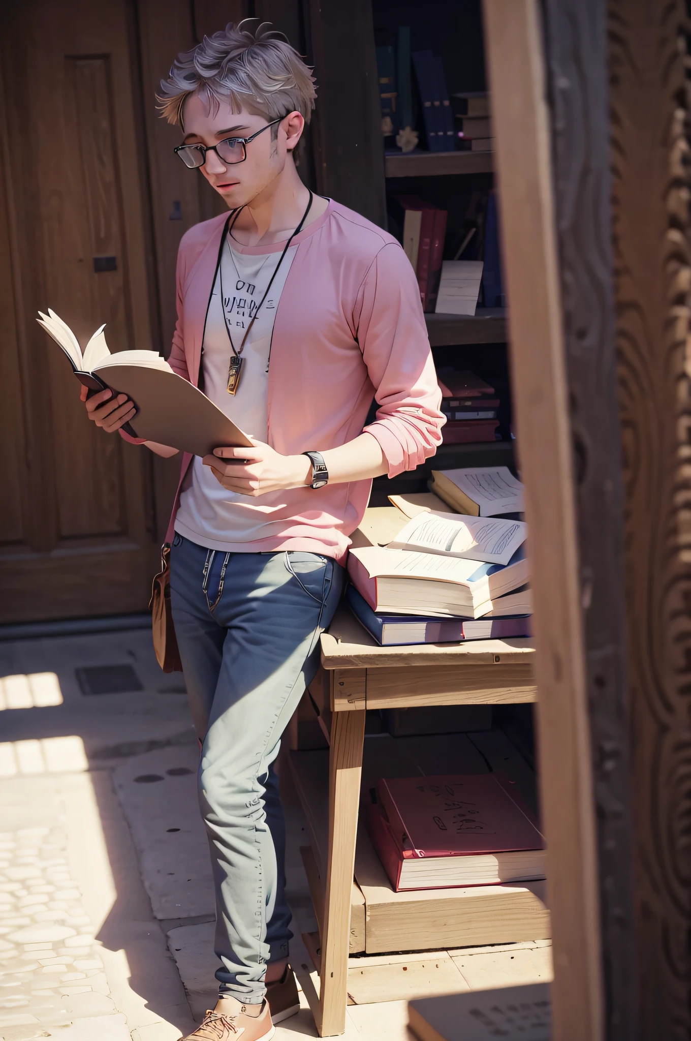 Prompt 5:
NathanLeserman, in a bustling Swiss school library, searches for a specific book on Swiss history. The library, with its high ceilings and wooden bookshelves, is a treasure trove of knowledge. Nathan's summer ensemble, a striped tee and khaki shorts, contrasts with the library's formal atmosphere. As he finds the book, a pink glow effect surrounds it, indicating its importance. Students study at nearby tables, their concentration evident. The muffled sound of pages turning and whispers creates a calm ambiance. Outside the large windows, the city of Zurich goes about its day, with trams passing by and people walking on the streets. As Nathan begins to read, he's transported to a different time, immersing himself in Switzerland's rich past.