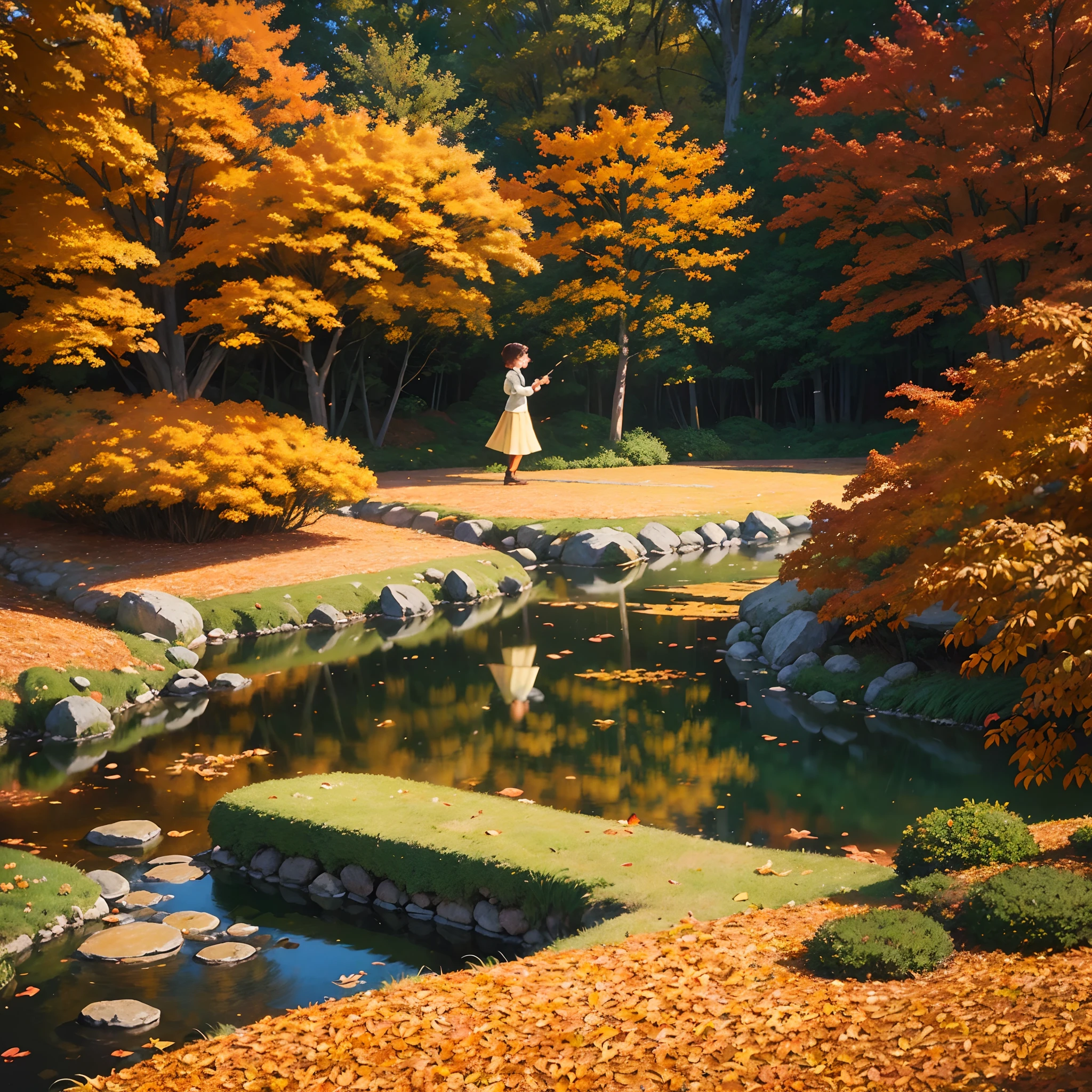 Create a comic-style masterpiece capturing autumn's most enchanting moment. Ensure the highest quality with intricate details in the foliage and surroundings. Use a rich color palette that evokes the warmth and nostalgia of fall. Make the scene memorable and emotionally resonant. Artists: Bill Watterson (for his mastery of capturing the essence of the seasons), Winsor McCay (for dreamscapes)