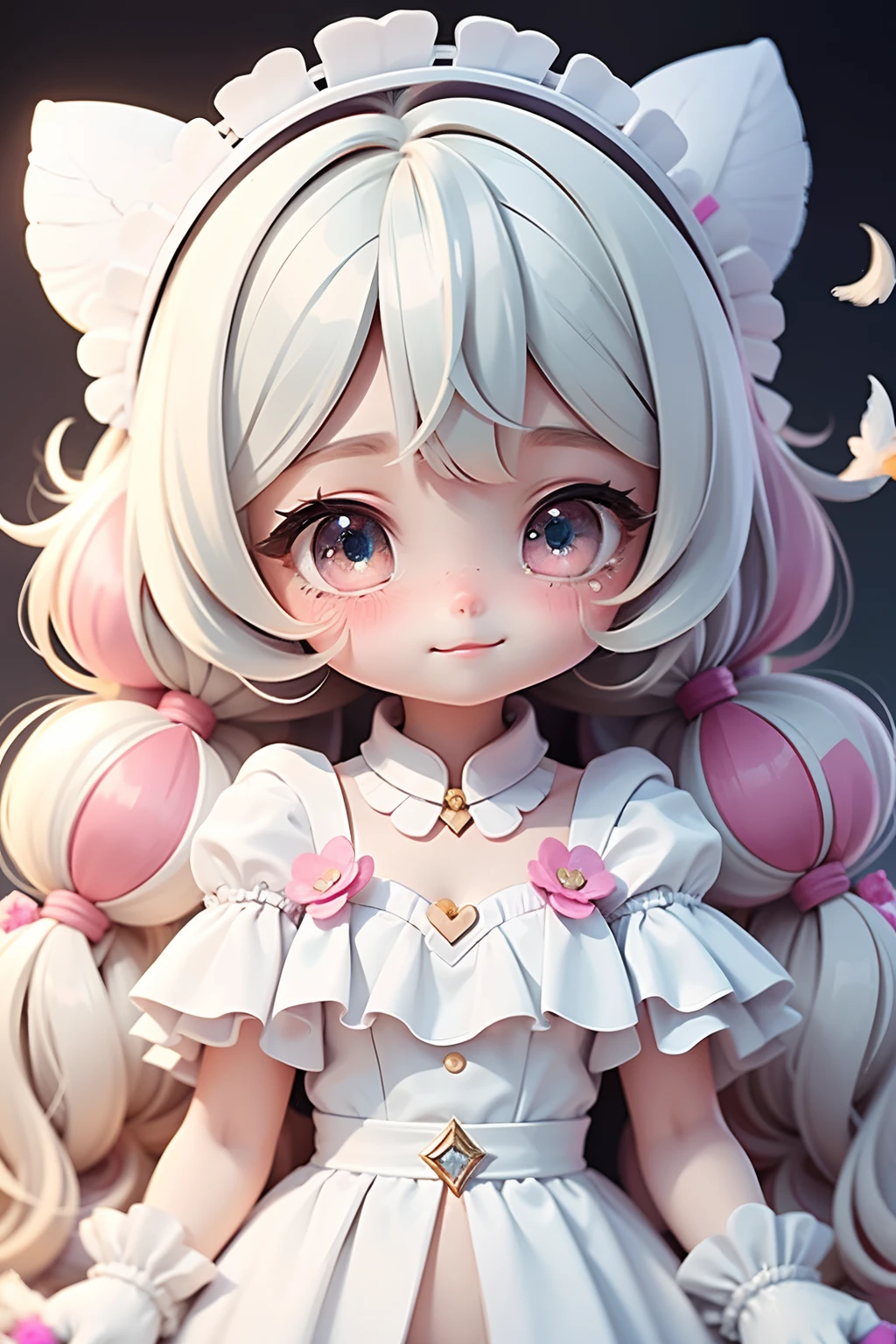 anime girls, Wearing white gloves, Cute Wuoo Face, Long and colorful hair, With feather design, Party spray pain background, Colorful Paint Dresses, Blended Hair, photographed, Modern Accessories , Delicate and detailed eyes, Delicate and detailed smile, milkyW, Pelorescent, Holographic, dark backgrounds,Staring at this with eyes that are about to cry