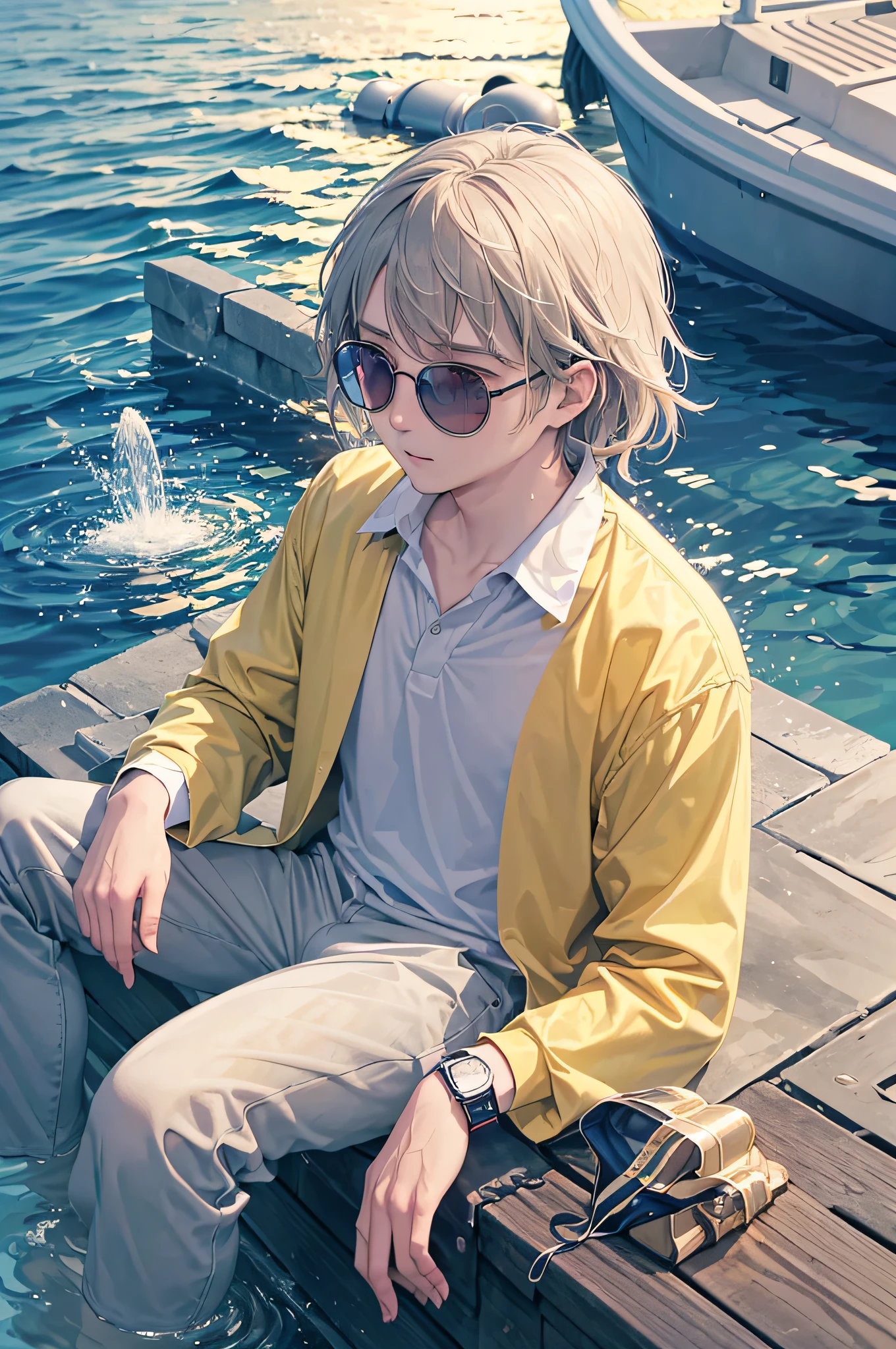 Prompt 2:
In the heart of Geneva, NathanLeserman sits by the iconic Jet d'Eau, watching as the water shoots up into the sky. The powerful fountain, with its impressive height and force, is a testament to the city's engineering prowess. His summer outfit, a crisp white polo and beige chinos, is perfect for the warm day. A yellow glow effect emanates from the water droplets, catching the sunlight and creating a rainbow effect. Tourists and locals alike gather around, taking photos and enjoying the refreshing mist. The distant sound of boat horns and the gentle rocking of yachts in the harbor add to the city's vibrant atmosphere.