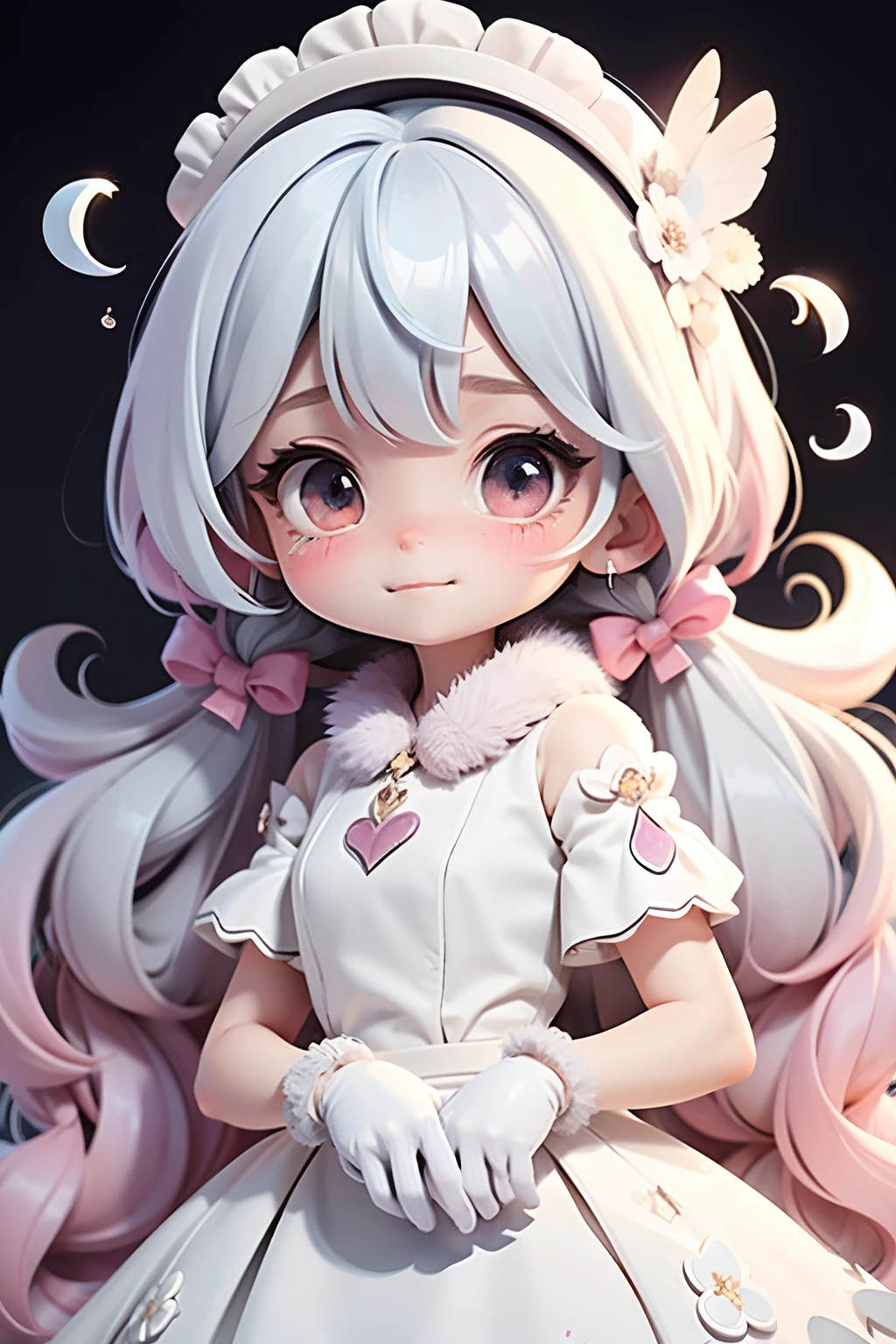 loli anime girls, Wearing white gloves, Cute Wuoo Face, Long and colorful hair, With feather design, Party spray pain background, Colorful Paint Dresses, Blended Hair, photographed, Modern Accessories , Delicate and detailed eyes, Delicate and detailed smile, milkyW, Pelorescent, Holographic, dark backgrounds,Staring at this with eyes that are about to cry