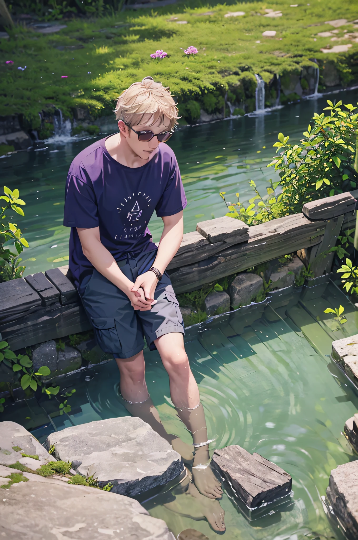 Prompt 3:
NathanLeserman, on a wooden bridge in the Swiss countryside, leans over to watch the clear stream flowing beneath. The water, originating from melting snow in the Alps, is pristine and cold. His summer attire, a breathable t-shirt and cargo shorts, is ideal for the hike he's embarked on. A purple glow effect surrounds a fish as it swims upstream, its scales reflecting the sunlight. The surrounding meadows, dotted with wildflowers, sway gently in the breeze. The sound of the flowing water, combined with the distant chirping of crickets, creates a harmonious melody that resonates with nature's rhythm.