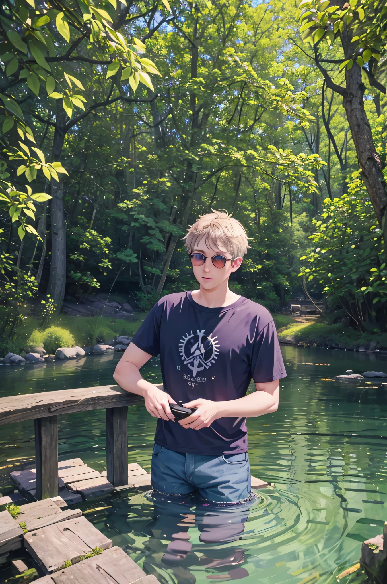Prompt 3:
NathanLeserman, on a wooden bridge in the Swiss countryside, leans over to watch the clear stream flowing beneath. The water, originating from melting snow in the Alps, is pristine and cold. His summer attire, a breathable t-shirt and cargo shorts, is ideal for the hike he's embarked on. A purple glow effect surrounds a fish as it swims upstream, its scales reflecting the sunlight. The surrounding meadows, dotted with wildflowers, sway gently in the breeze. The sound of the flowing water, combined with the distant chirping of crickets, creates a harmonious melody that resonates with nature's rhythm.