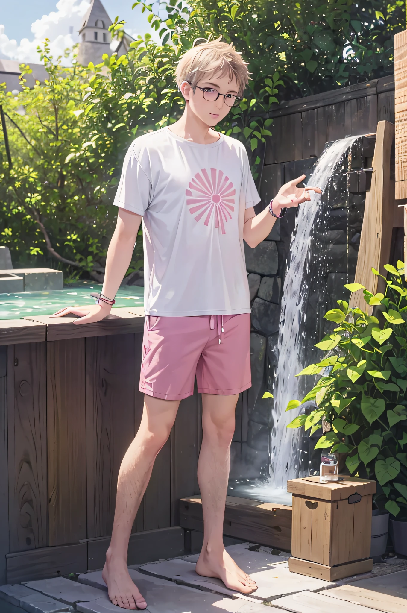 Prompt 5:
NathanLeserman, in a bustling Swiss spa town, immerses his feet in a natural thermal pool. The mineral-rich water, known for its healing properties, soothes and relaxes him. His summer ensemble, a striped tee and khaki shorts, is perfect for the spa experience. A pink glow effect surrounds the bubbles as they rise to the surface, indicating the water's warmth. Visitors from all over the world come to this town, seeking rejuvenation and wellness. The sound of gentle conversations and the distant chime of church bells create a peaceful ambiance, making Nathan's experience truly therapeutic.