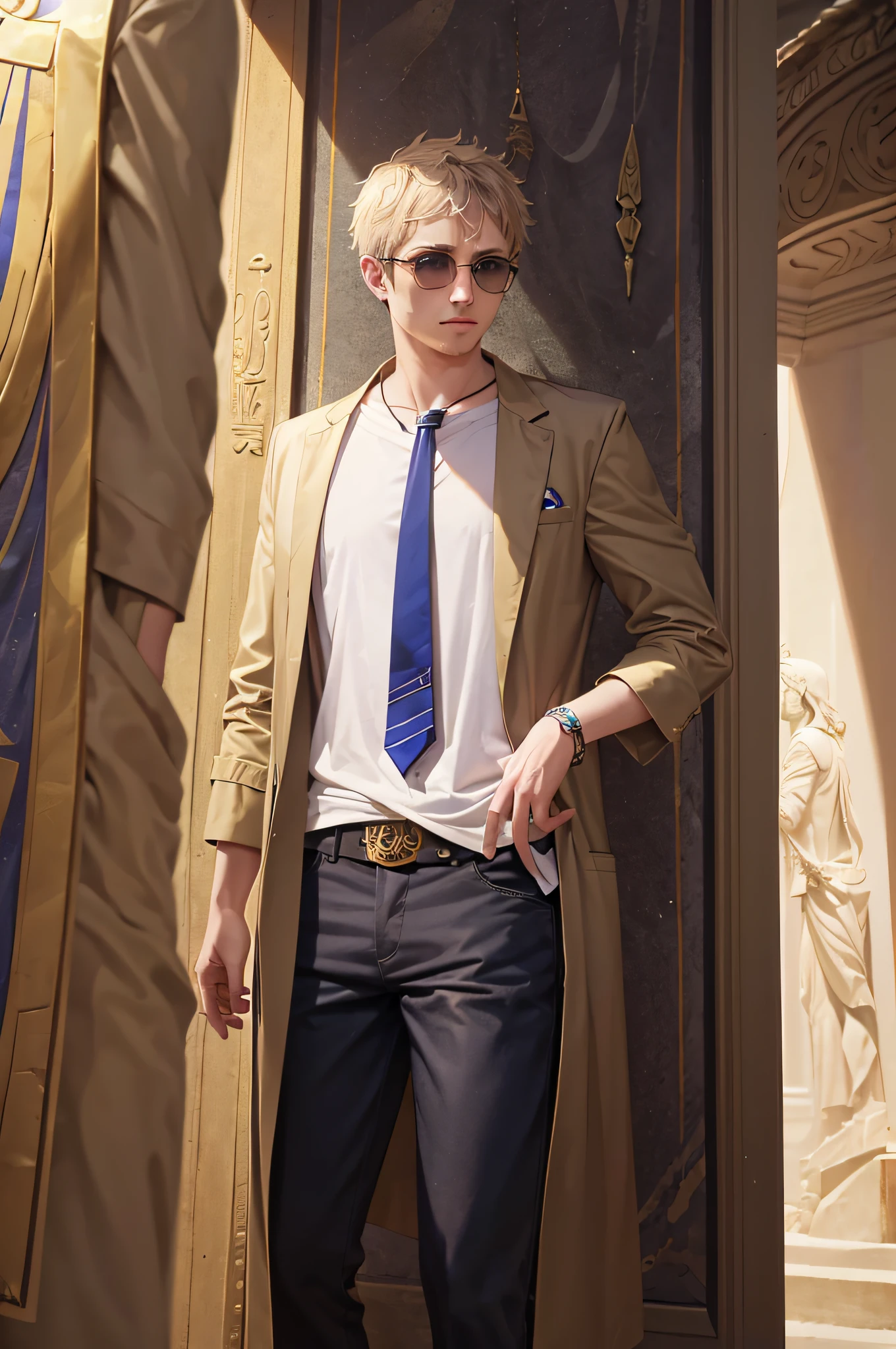 Prompt 1:
NathanLeserman stands in awe inside a grand Egyptian museum, surrounded by ancient artifacts and hieroglyph-covered walls. The summer sun filters through the tall windows, casting a golden hue on a majestic pharaoh's statue. Dressed in a light linen shirt and tailored shorts, Nathan's attire contrasts with the deep blue lapis lazuli inlays on the artifacts. A subtle green glow effect surrounds an ornate scarab beetle amulet, believed to bring luck and protection. The air is thick with history, and the distant murmurs of visitors add to the mystique of the ancient civilization.