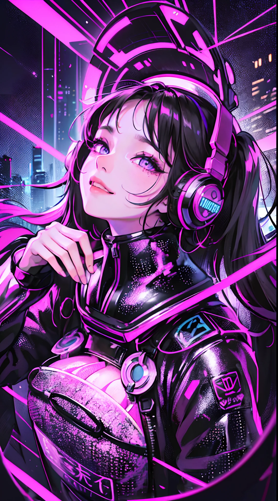 (1girl in)、(Plump beauty)、(30-years old)、(Very long hair)、(Top image quality)、(8K picture quality)、(cyberpunked)、(masutepiece)、 (Flickering of light)、(Wear a cyberpunk hooded military uniform)、(confident grin:1.2)、(Full body photo)、cinematric light, Cinema Shadow, Sharp Image, Extremely detailed, Volumetric, Bright sprites, particles effect, beautiful effects, Vivid colors, neons, Neon light, Highly detailed image textures, detailed hairs, Detailed face, Detailed eyes, Full body photo, city、Dark hair、Eyes glow、Photo from the knee up、beautiful effects, Vivid colors, Highly detailed image textures, detailed hairs, Detailed eyes,(Cyberpunk cityscape)