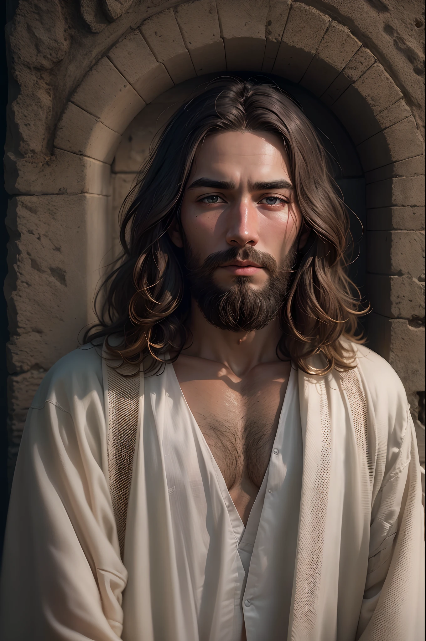 Raw photo of Jesus、Raw Photographs of Jesus Christ、
(symmetry)、central、((Close))Upportrait、(Jesus)、Raw photo of a very thin Caucasian man with long hair and beard、、Raw photo wearing a long white robe、35mm、Natural skin、clothes details、8K textures、8k、insane detail、intricate-detail、Ultra detailed very detailed、realisticlying、Soft Cinematic Lights、HDR、foco nítido、((((Cinematic Look))))、Convoluted、elegent、extremely details CG、High-resolution raw photos、Raw photos with high dynamic range、8K raw photos、Raw photos in 8K resolution、 Unity 8K wallpapers、Highly detailed CG、Raw photos of masterpieces、Realistic、Photorealistic、three-dimensional、Beautiful and detailed、depth、Fine-textured、Glossy、Fully Focused、Crisp、realisticlying、