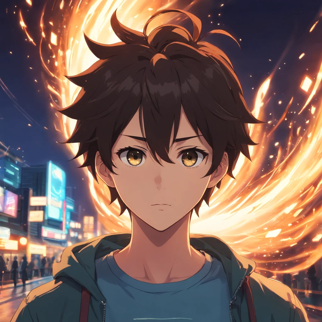master part, best quality, cinematic film, 1 Homem, jovem, cabelo preto curto, olhos castanhos, long t-shirt and jeans, engolfado pelo fogo, Close-up, brilhante, valentia, Dark lighting, (Sparks: 0.7 )