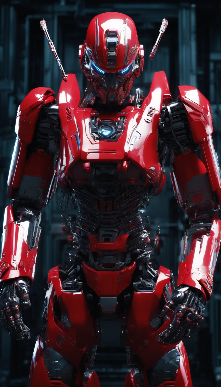 ultra-wide photo red sci-fi armor with cyber helmet, lights on cyber mask, full armor, insulated armor, angry, active pose, strong warrior, weapon, optimus prime style, bald head, lots of fine detail, sci-fi dark movie style, background: spaceship, photography, natural light, photorealism, cinematic rendering, ray tracing, highest quality, highest detail, Cinematic, Third-Person View, Blur Effect, Long Exposure, 8K, Ultra-HD, Moody Lighting, Cinematic Lighting