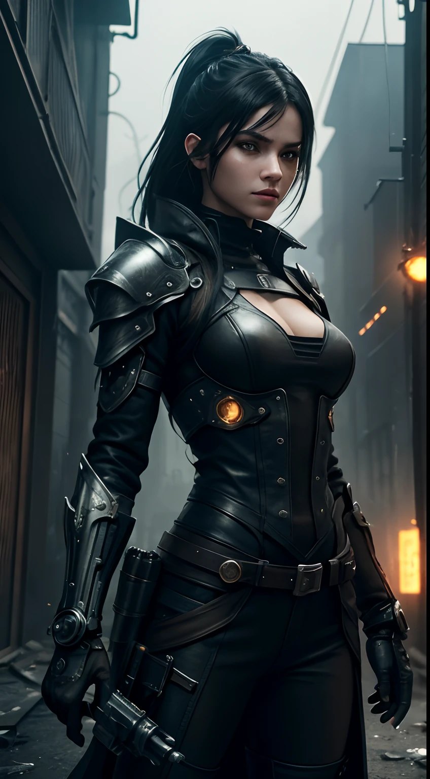 best quality, 4k, 8k, highres, masterpiece:1.2 , ultra-detailed, realistic, photorealistic, photo-realistic:1.37, intense eyes, exquisite facial features, bodyguard, confident and strong girl, sharp focus, professional, vivid colors, bokeh, action-packed scene, urban setting, mysterious atmosphere, high-tech weapons, artistic illustration, light and shadow play, Steampunk style, gritty and edgy, character design, abrasive personality, strong jawline, leather armor, steely gaze, complex background, impressive stance, alpha-female vibes, heroic pose,ironic smile,dramatic lighting,dystopian world, grungy environment, smoke and steam effects, artistic interpretations, attention to detail, unnerving presence, haunting beauty, mechanical augmentations, emotionless gaze, night ambiance, speculative fiction,tenacious and fierce,highly textured,Liliya Reznya's signature weapon, industrial cityscape,brooding atmosphere, cybernetic enhancements, deadly precision, ominous mood, foreboding aura, attention-grabbing composition, fallen leaves in the wind, dimly lit alleyways, ruthless determination,glowing neon lights, forefront of futuristic technology, imaginative storytelling, post-apocalyptic setting, menacing presence.