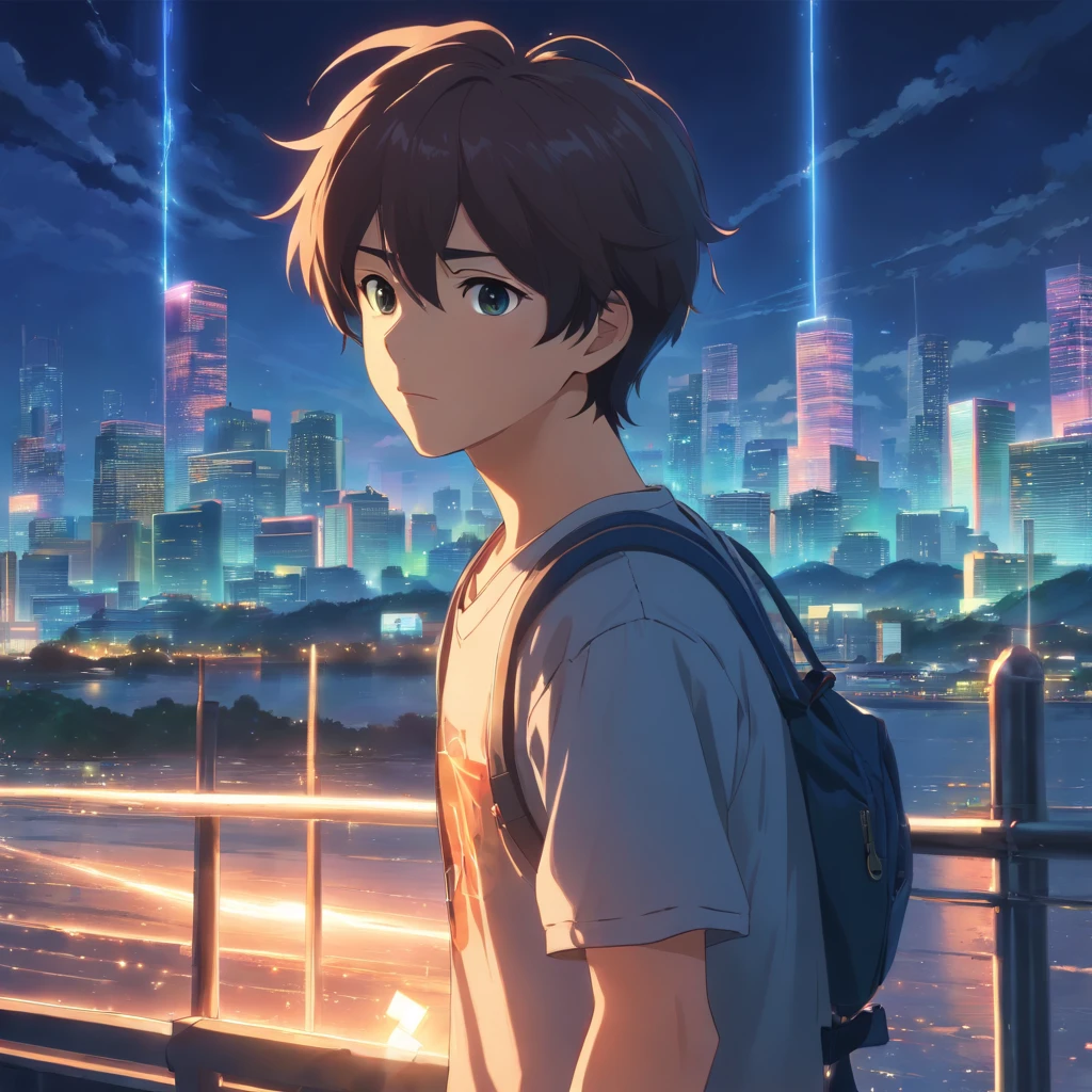 master part, best quality, cinematic film, 1 Homem, adulto jovem, cabelos ruivos curtos, cabelo reflexo prateado, olhos castanhos, long t-shirt and jeans, engolfado pelo fogo, Close-up, brilhante, valentia, Dark lighting, (Sparks: 0.7)