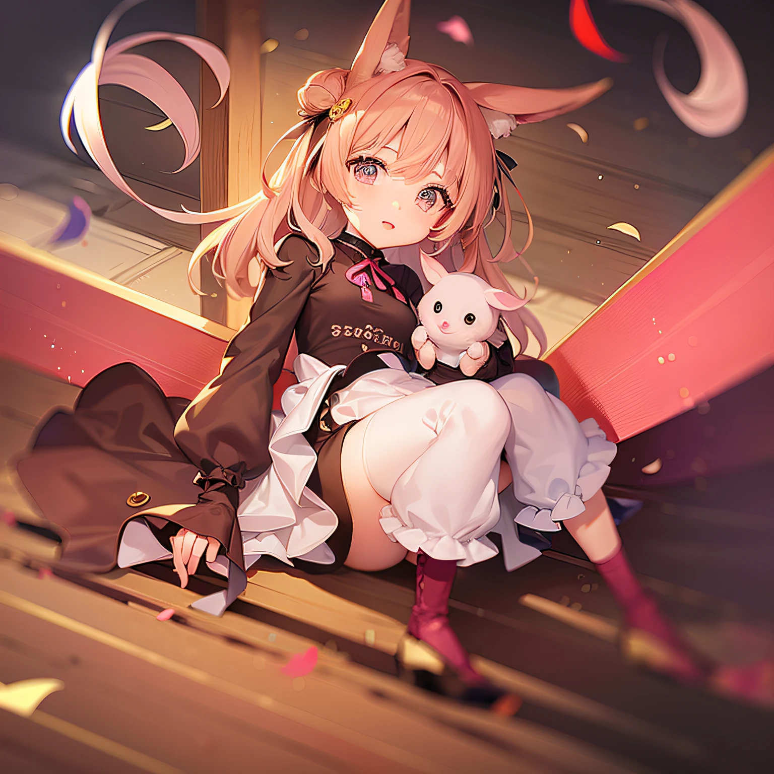 Drawing of a cute with chocolate in her hands, Cartoon drawing, ,Holding rabbits, Comic style, Clothes are pink、high-level image quality