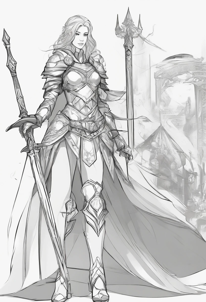 （8K，Best quality，style of anime），Ancient European realistic style armor，Silver-haired female knight，Green emerald pupils，High ponytail，Wearing silver-white armor，Delicate facial features，The drawing style is similar to that of characters in anime，Boots，Gaiters，with a pure white background，Character design，quadratic element，Include a small amount of introductory text，Three views of people