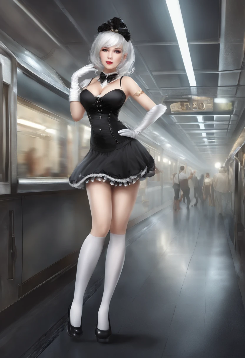 1 woman in a black maid outfit,white skirt, White stockings, and corsets, Show huge curves, Mohawk haircut, Extremely beautiful. All around are old gentlemen who admire her. She playfully began to show off, Enjoy the attention. She faces the audience, Smiling happily, Futuristic subway environment. Anime style, A masterpiece, Highest resolution, quality, detail, foco nítido, professional image