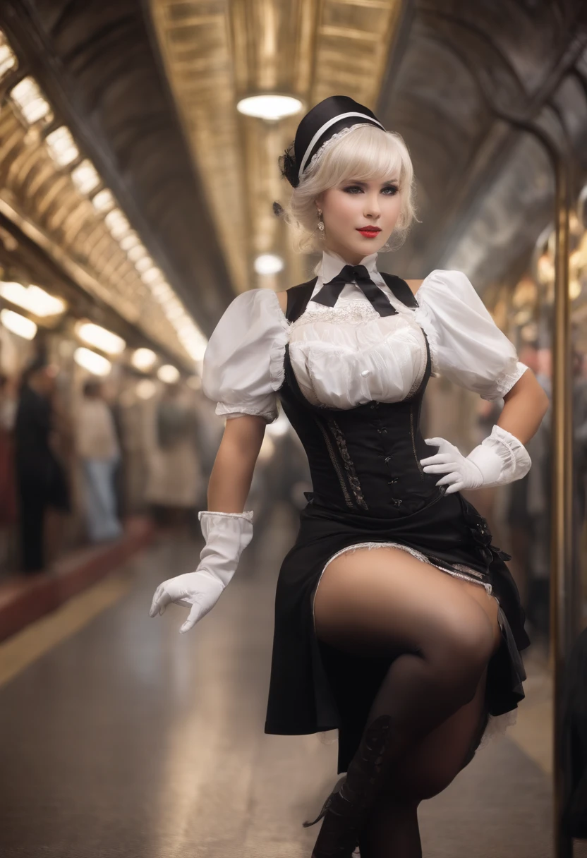 1 woman in a black maid outfit,white skirt, White stockings, and corsets, Show huge curves, Mohawk haircut, Extremely beautiful. All around are old gentlemen who admire her. She playfully began to show off, Enjoy the attention. She faces the audience, Smiling happily, Futuristic subway environment. Anime style, A masterpiece, Highest resolution, quality, detail, foco nítido, professional image