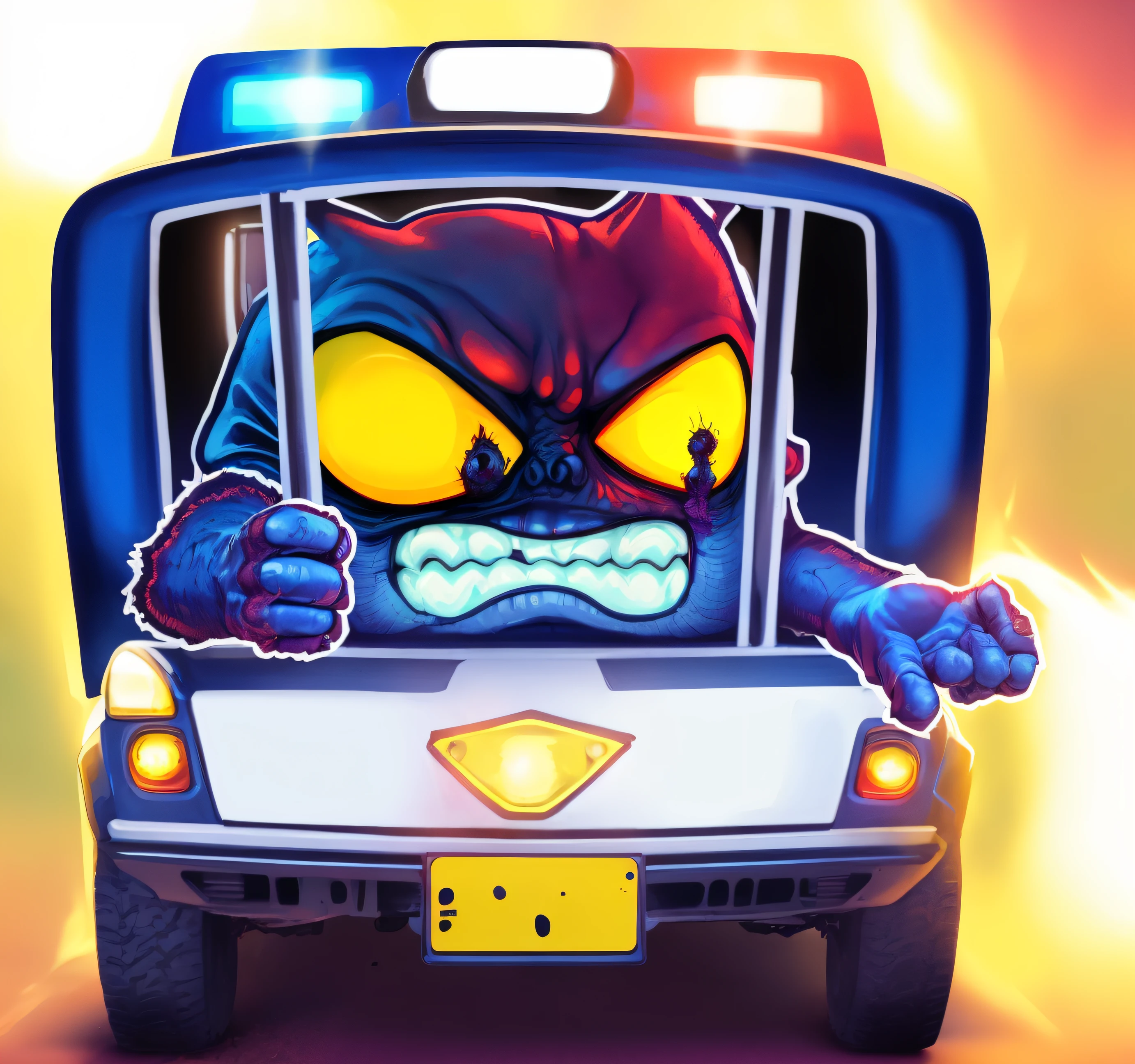 high quality, monster inside the police car is trying to reach something, zombie face,