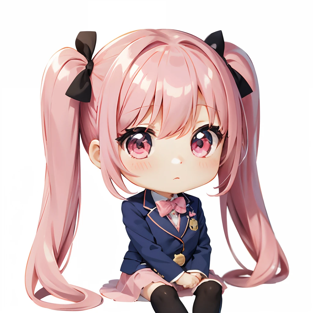 Cute chibi anime sitting on flowers, long pink hair with twin tails、Dark blue blazer、Wearing a uniform with a pink skirt, I'm surprised、Surprised、Surprised face、Logo is cheap