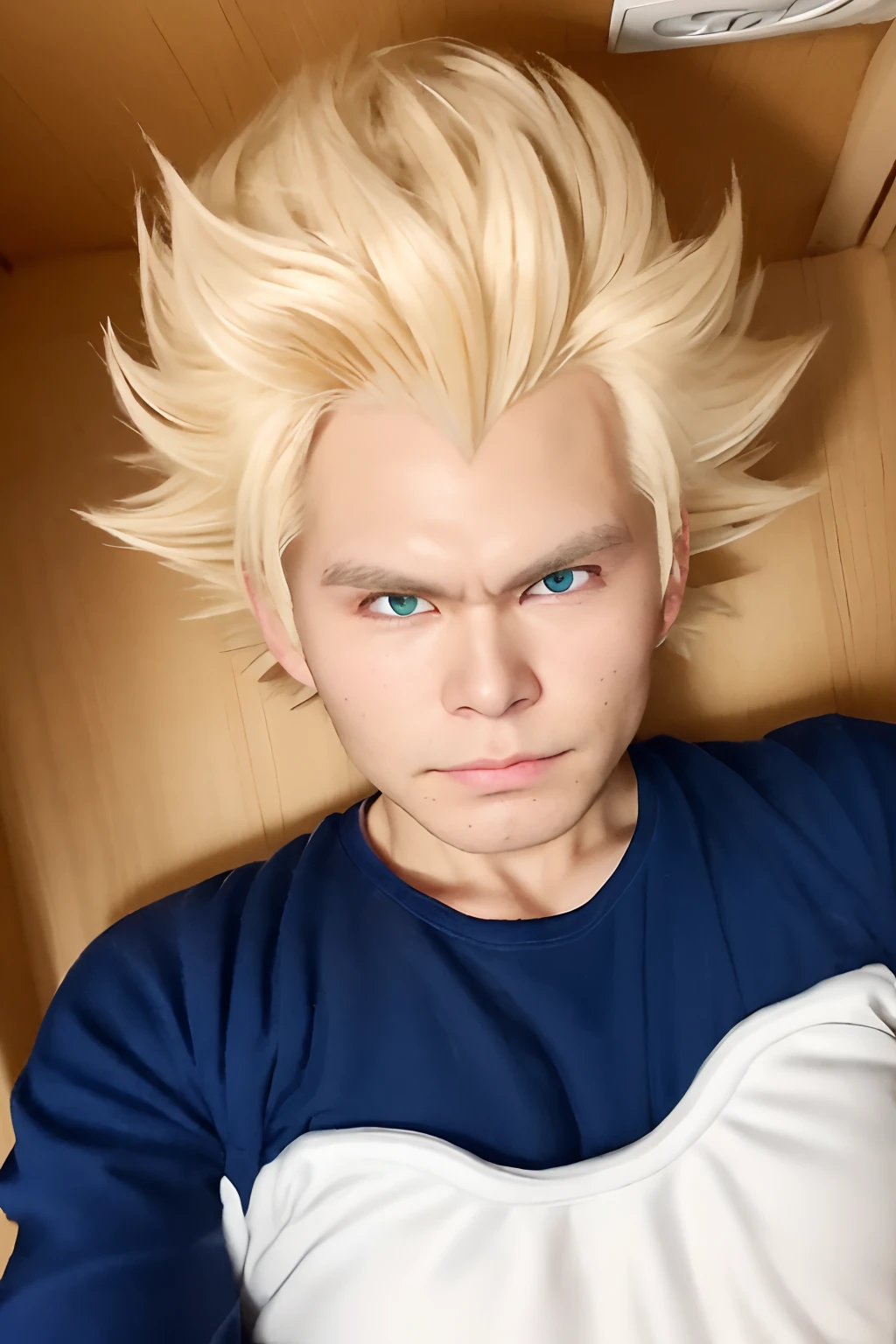 (masterpiece, best quality: 1.2), cowboy shot, solo, male focus, 1boy, vegeta, serious, looking at the viewer, spiked blonde hair, green eyes, armor, white gloves