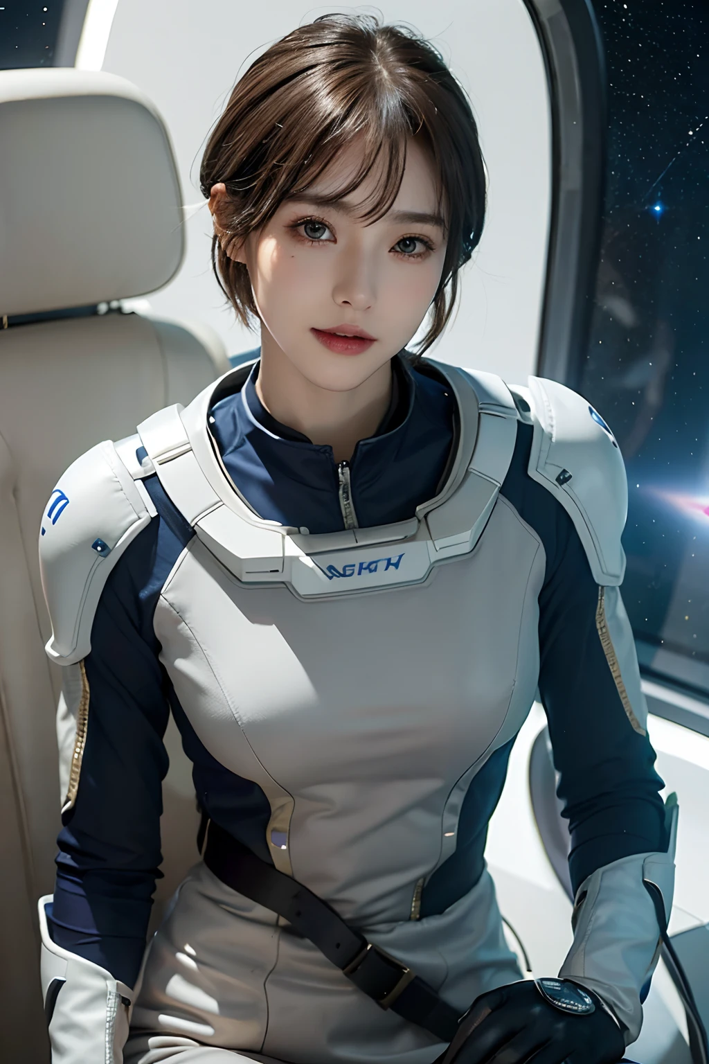top-quality、masterpiece、超A high resolution、(realisitic:1.4)、Beautuful Women1、Beautiful detail eyes and skin、ssmile、Light brown short-cut hair、The perfect spacesuit、spaceships、Inside the spacecraft、Dark Universe、