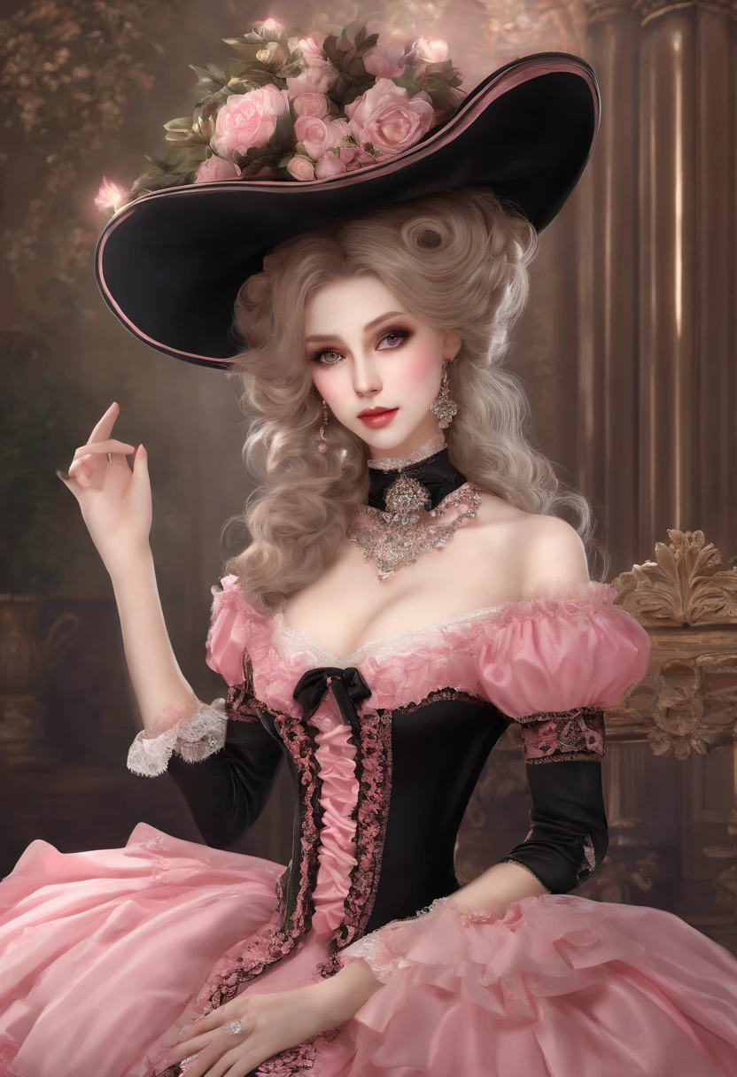 Arafe in a pink and black dress and hat, Takanobu Fujiwara(Takanobu Fujiwara)Digital rendering inspired by, pixiv, rococo, Victoria Gothic Lolita Fashion, Lolita Style, Rococo Queen (Rococo Queen) (Rococo Queen (Rococo Queen)) , rococo dress,  lolita fashion, one-piece,lingerie