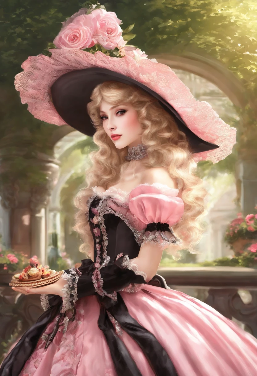 Arafe in a pink and black dress and hat, Takanobu Fujiwara(Takanobu Fujiwara)Digital rendering inspired by, pixiv, rococo, Victoria Gothic Lolita Fashion, Lolita Style, Rococo Queen (Rococo Queen) (Rococo Queen (Rococo Queen)) , rococo dress, lolita fashion, one-piece,lingerie