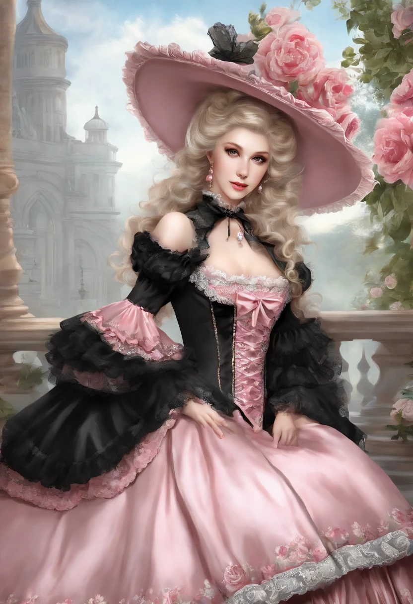Arafe in a pink and black dress and hat, Takanobu Fujiwara(Takanobu Fujiwara)Digital rendering inspired by, pixiv, rococo, Victoria Gothic ta Fashion, Lolityle, Rococo Queen (Rococo Queen) (Rococo Queen (Rococo Queen)) , rococo dress, lolita fon, one-piece,lingerie