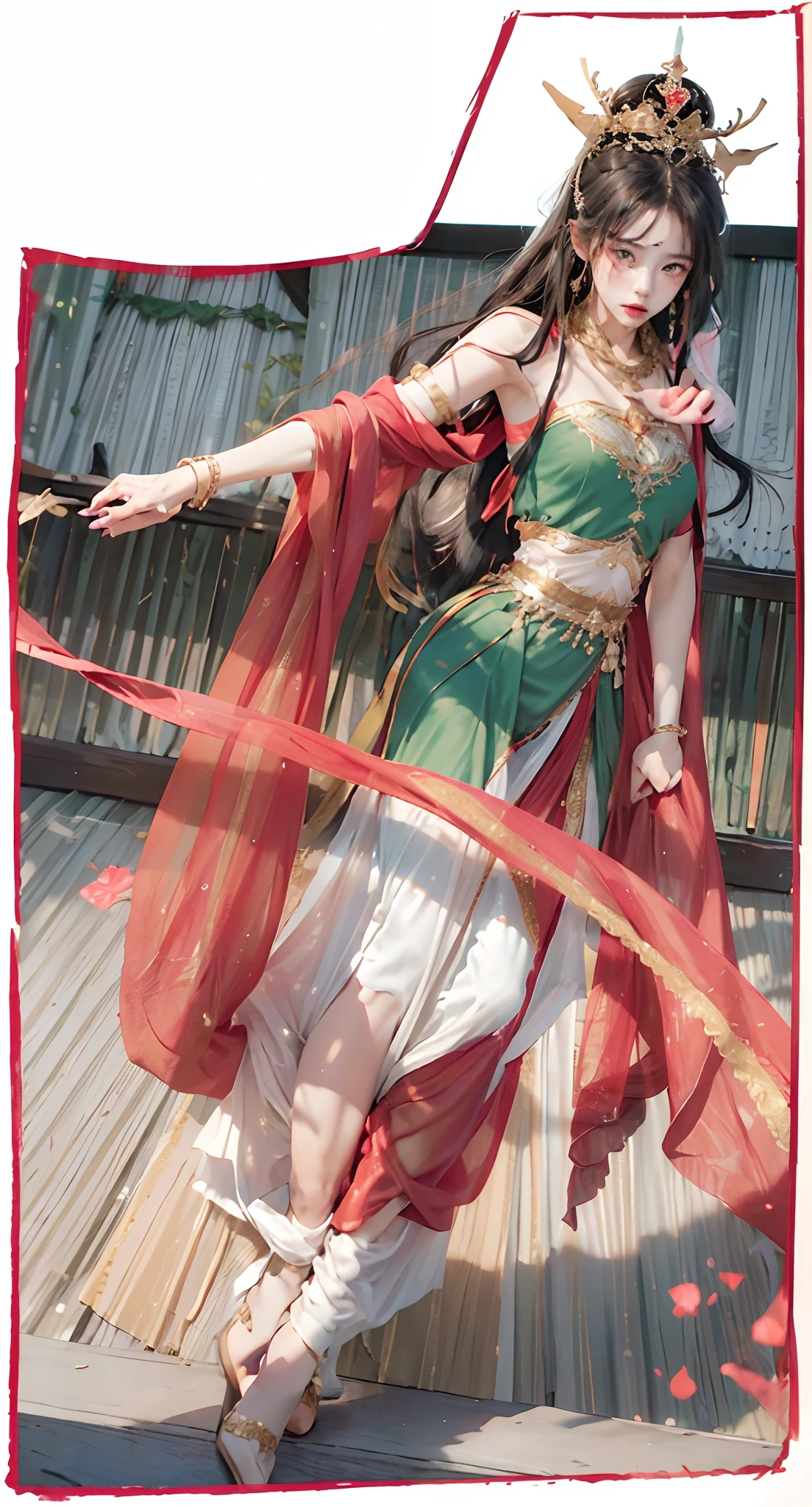 (best quality, super detail, masterpiece:1.2), 1 girl, black hair, crown, red scarf in hand, green dress, navel, green and white skirt with gold lines at the waist, magical particles, illustrations, vibrant colors, soft lighting.