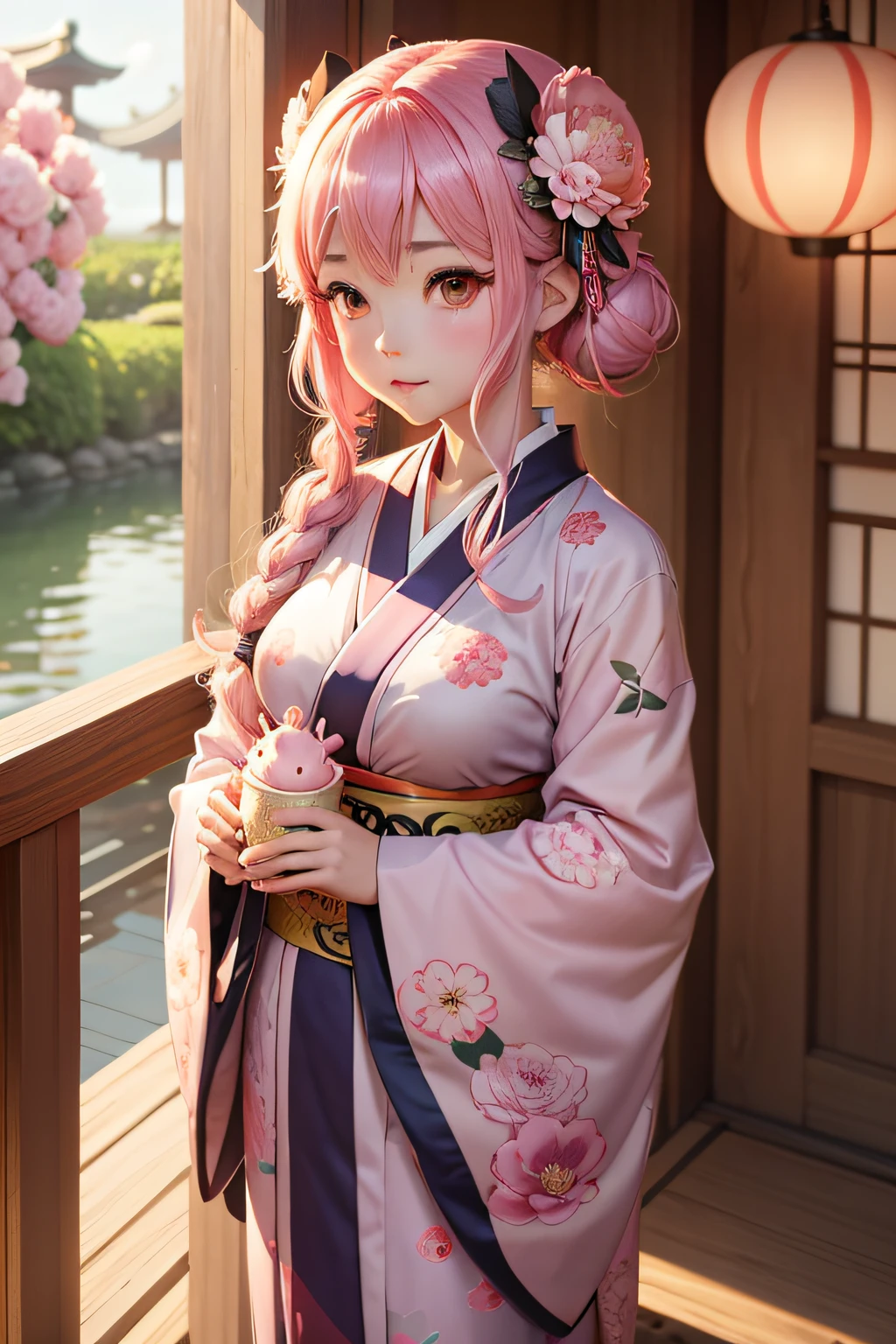 Anime taste、hamster、personification、Bob Hair、Kimono Daughter、Kimono color designation R:G:B=41;202;Base color 185、The pattern of the kimono is a peony flower、Holding a water bun in your hand、Summer festival