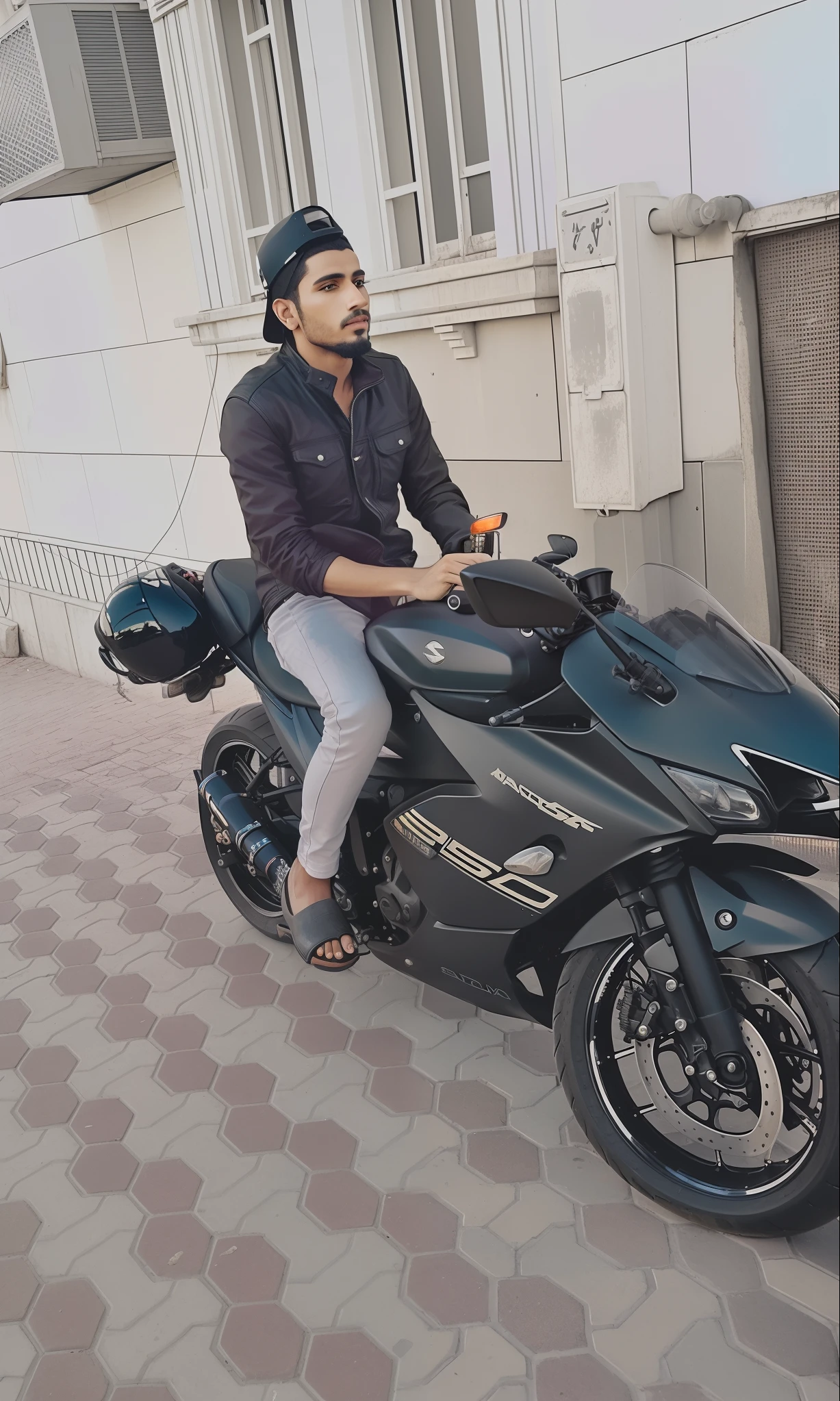 there is a man sitting on a motorcycle on the sidewalk, without helmet, sitting on a motorcycle, sitting on cyberpunk motorbike, kyza saleem, mohamed chahin style, candid picture, riding a motorcycle, very very low quality picture, motorcycle, motorbiker, stylish pose, very artistic pose, riding on the road, khyzyl saleem