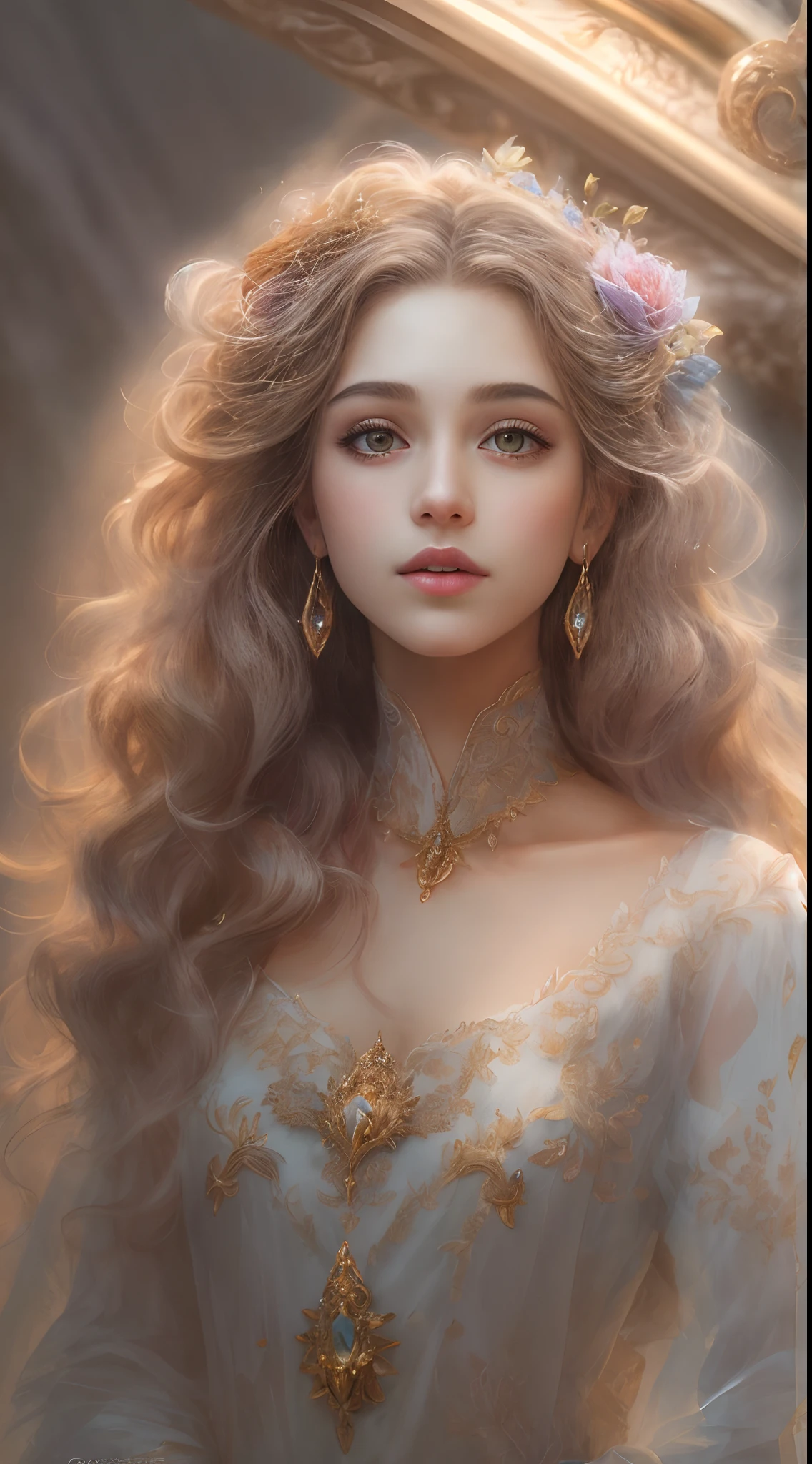(Best quality, 4K, 8K, A high resolution, Masterpiece:1.2), Ultra-detailed, Realistic portrait of an aristocratic maiden, Exquisite facial features，Long brown curly hair details expressed, Graceful posture, Dreamy atmosphere, expressive brush strokes, mystical ambiance, Artistic interpretation,Delicately coiled hair，Floral jewelry with exquisite details, Crystal diamond jewelry，Small fresh aesthetics，Stunning intricate costumes, Fantasy illustration, Subtle colors and tones, mystical aura,The details have been upgraded