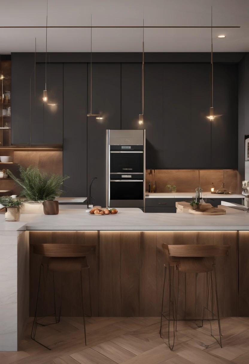 modern kitchen，Gorgeous renovation，Refrigerator，cupboard，Wide scene，in a panoramic view，from outside, UHD, high details