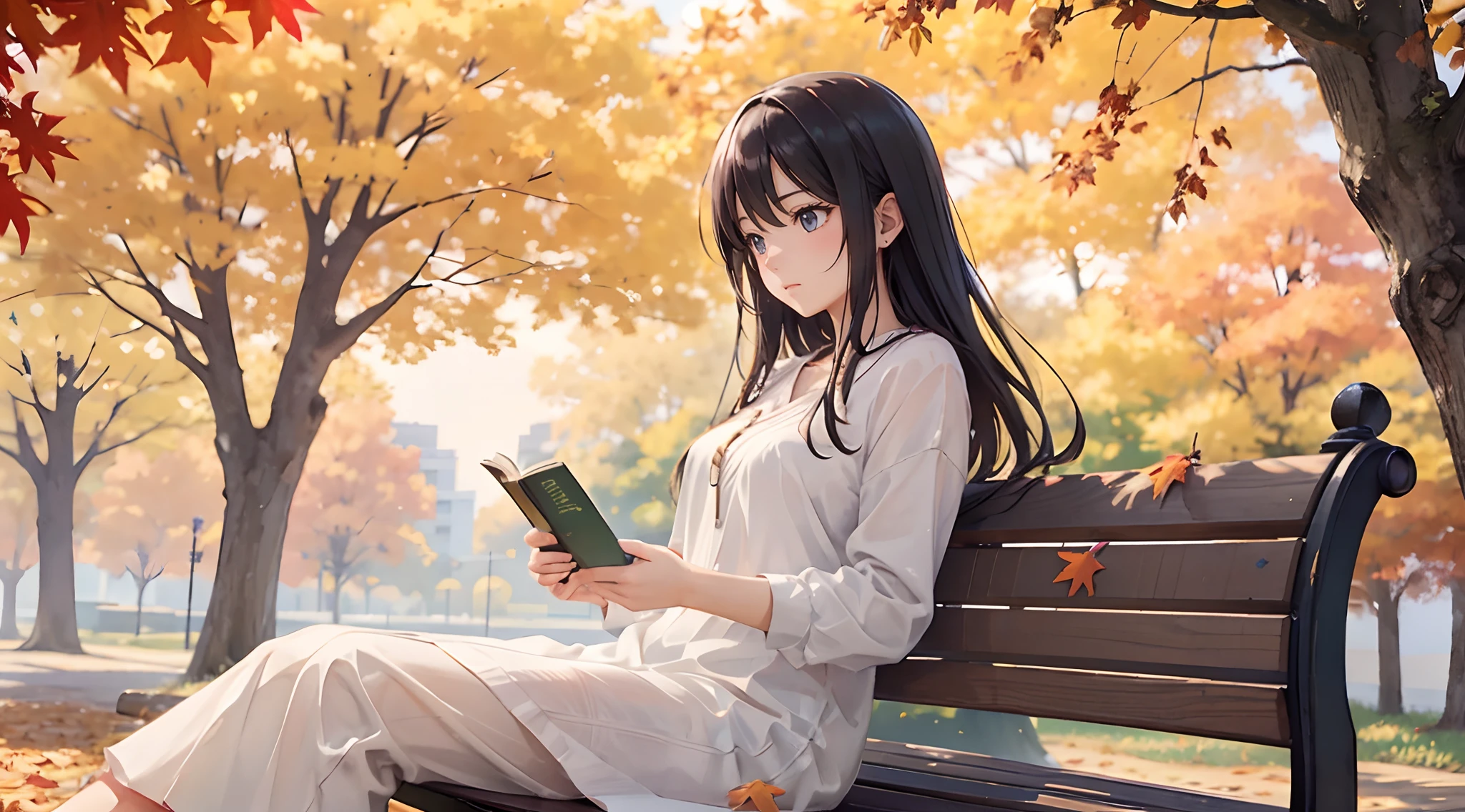 A young woman sitting on a bench in a serene autumn park, engrossed in a book. Surrounded by the golden hues of falling leaves, she is embraced by the tranquility of the season. The soft breeze rustles her hair as she immerses herself in the world of literature. Best quality, intricate details, clean lines, eye-catching composition, soft tones, anime realism, perfect illustration, 8k