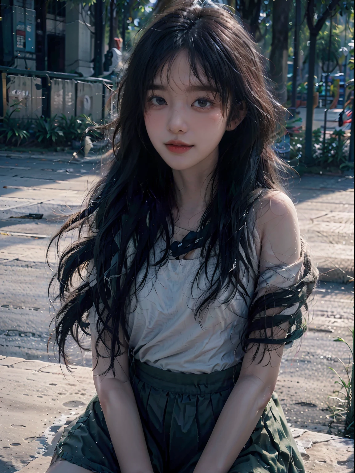 1girll, 18yr old,Absolutely beautiful, Amazing, On the swing,noble,perfect bodies, The gauze skirt flew up,Very real,goodlooking,streaked hair, streaked hair, brown hair, hair spread out, hair between eyes, color contact lenses, longeyelashes, light smile, parted lips, glint, light blush, backlighting, Fujicolor, UHD, masterpiece, ccurate, textured skin, super detail, high details, high quality, high quality, best quality, highres, 16k