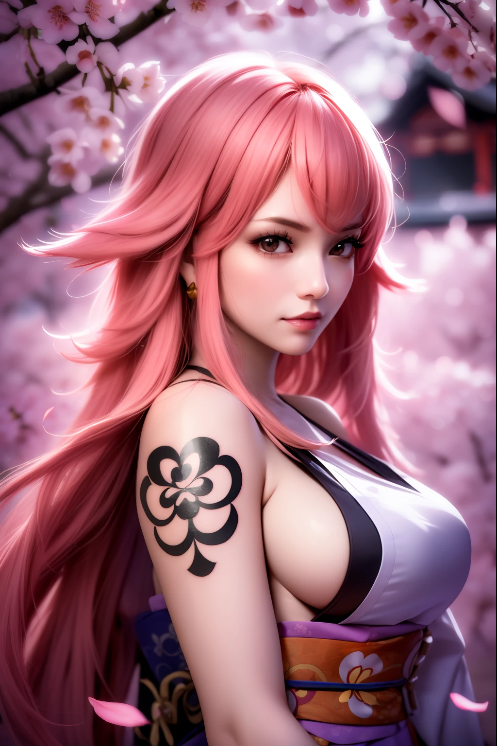 masterpiece, (photorealistic:1.5), best quality, beautiful lighting, real life,
nami \(one piece\),
1girl, architecture, cherry blossoms, east asian architecture, falling petals, gold, japanese clothes, kimono, log pose, long pink hair, looking at viewer, open mouth, pink hair, petals, shoulder tattoo, solo, tattoo, teeth, upper teeth only
, intricate, high detail, sharp focus, dramatic, beautiful girl , (RAW photo, 8k uhd, film grain), caustics, subsurface scattering, reflections